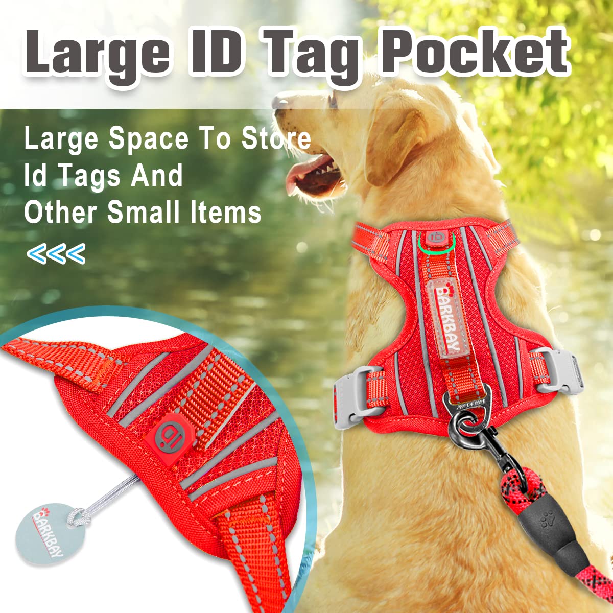 BARKBAY No Pull Dog Harness Front Clip Heavy Duty Reflective Easy Control Handle for Large Dog Walking with ID tag Pocket(Red,XL