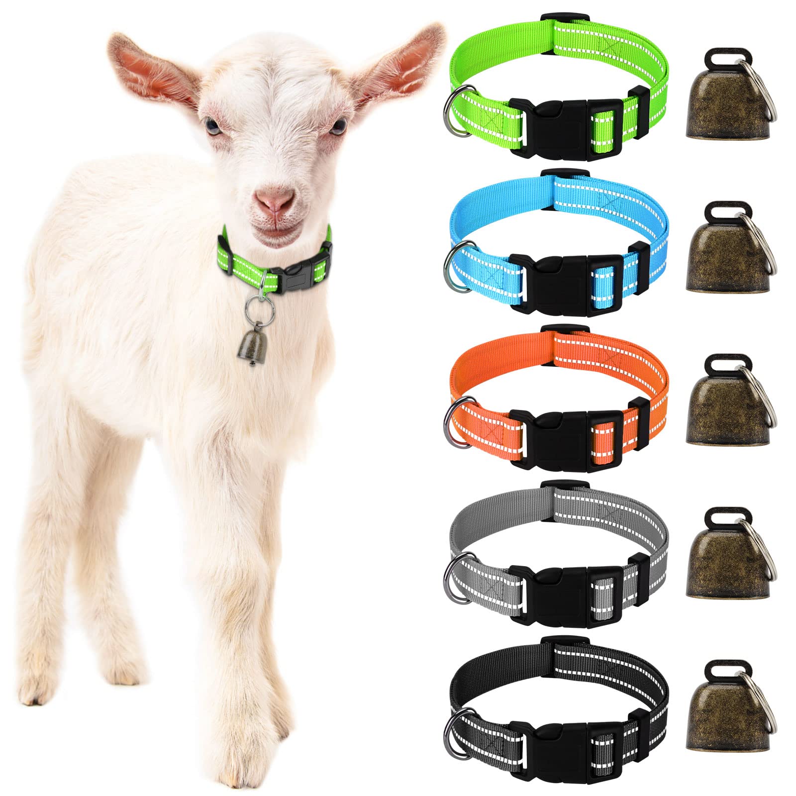 GINDOOR 5 Pack Reflective Goat Collars with Bells, Cow Horse Sheep Grazing Copper Bells and Adjustable Nylon Collar Set Pet Anti