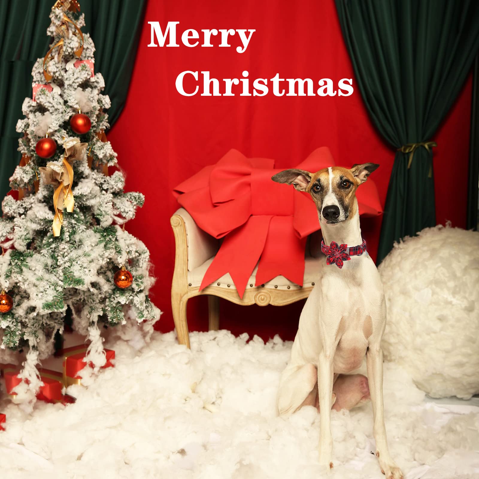 Unique Style Paws Christmas Dog Collar With Flower Tie Red Black Grid Cotton Collar Adjustable Puppy Plaid Collar For Small Medium Large Dogs-Xl