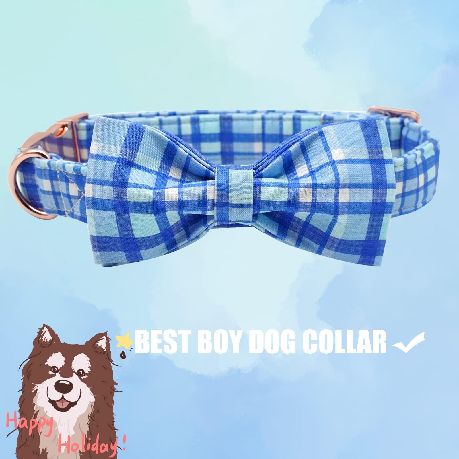 Elegant little tail Dog Collar with Bow - Blue Plaid Boy Dog Collar Cute Bowtie Pet Collar Adjustable Dog Collar for X-Small Pup