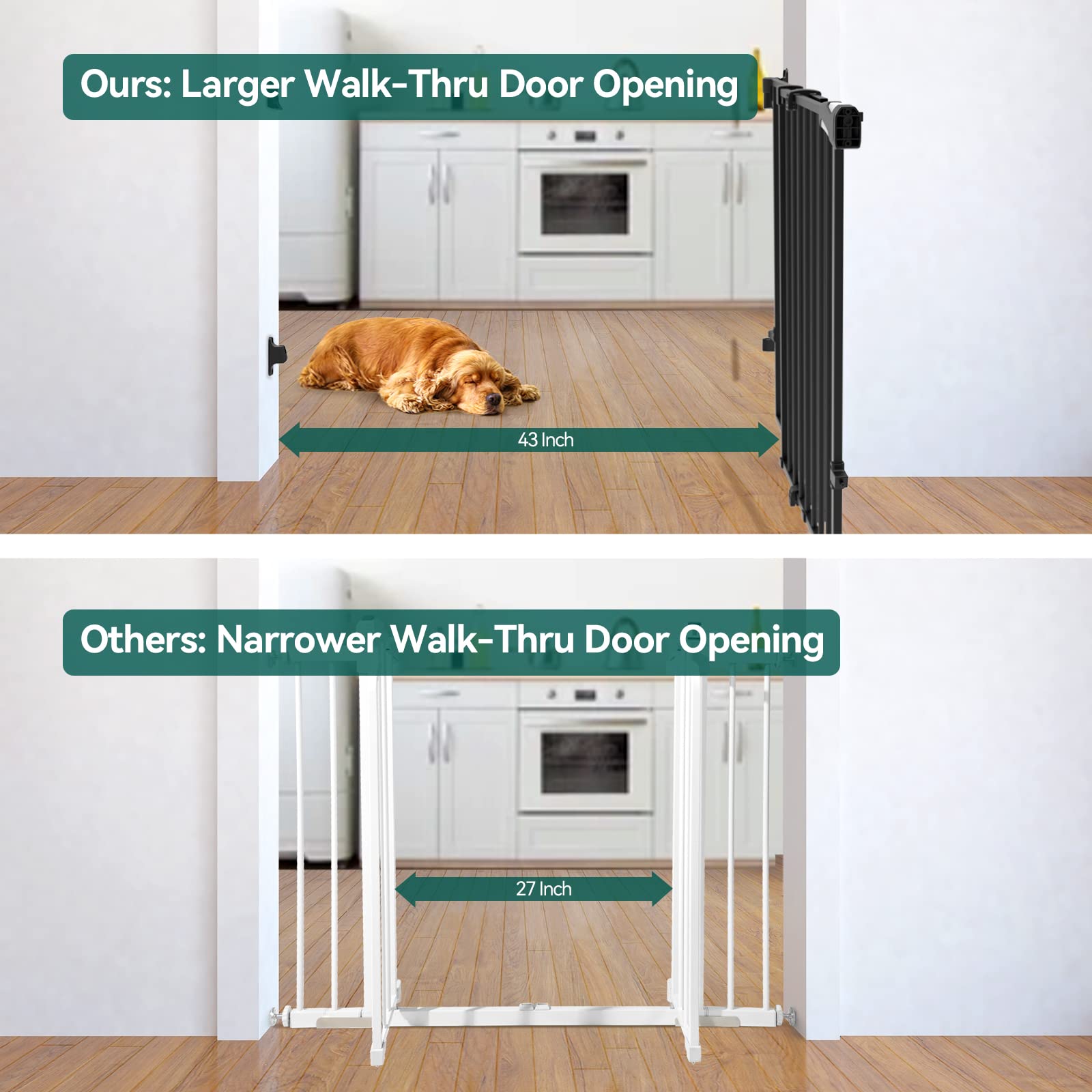 Babelio 26-43' No Bottom Bar Baby Gate For Babies, Elders And Pets, 2-In-1 Hardware Mount Dog Gate For The House, Stairs And Doorways, With Large Walk Thru Door, Black