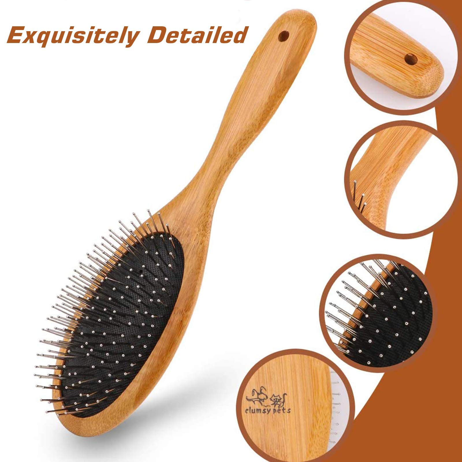 Clumsypets Dog & Cat Ball Pin Slicker Grooming Brush With Bamboo Handle For Pets Massage Bath And Removes Mats Loose Fur Hairs