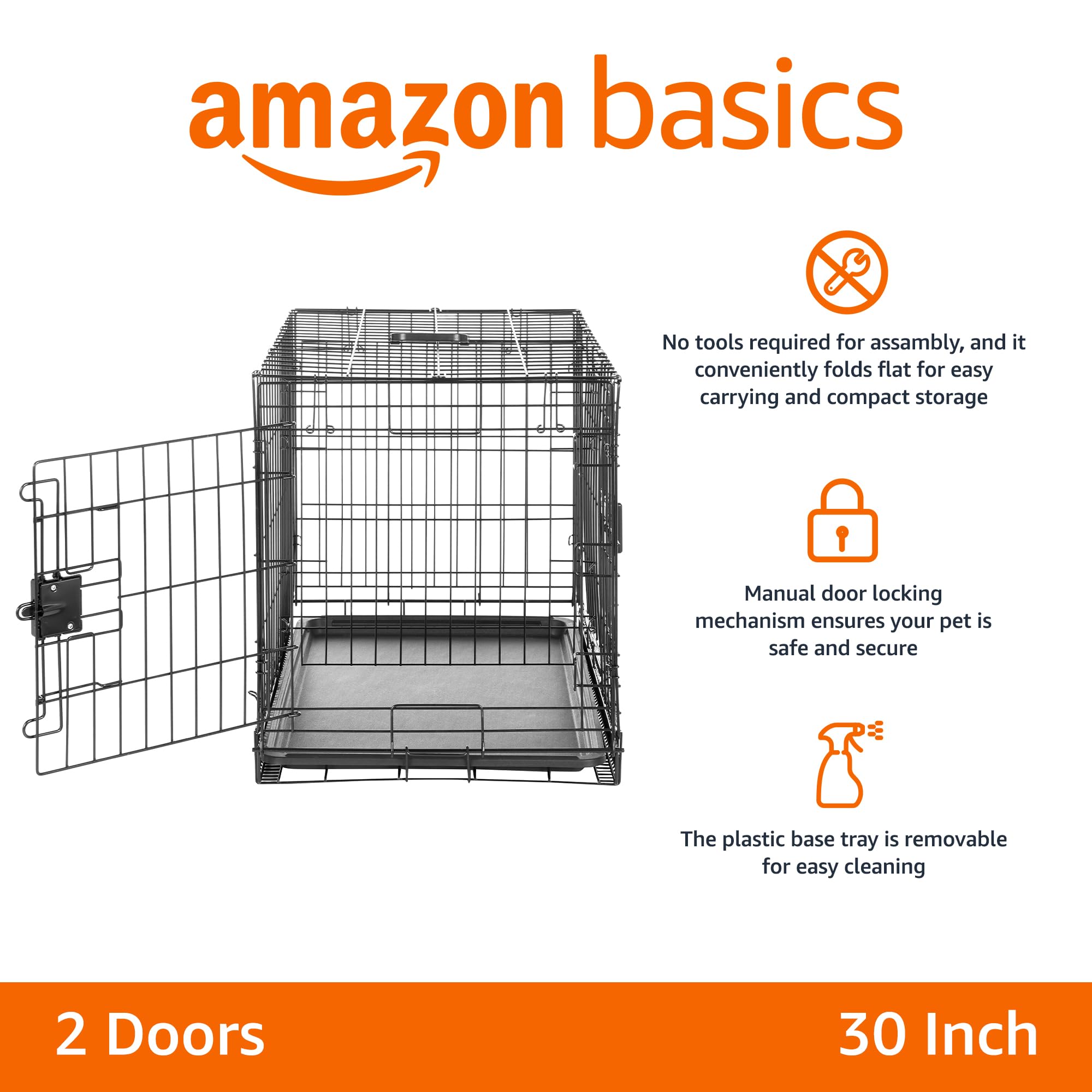 Amazon Basics Durable,Foldable Metal Wire Dog Crate With Tray, Double Door, 30 X 19 X 21 In, Black