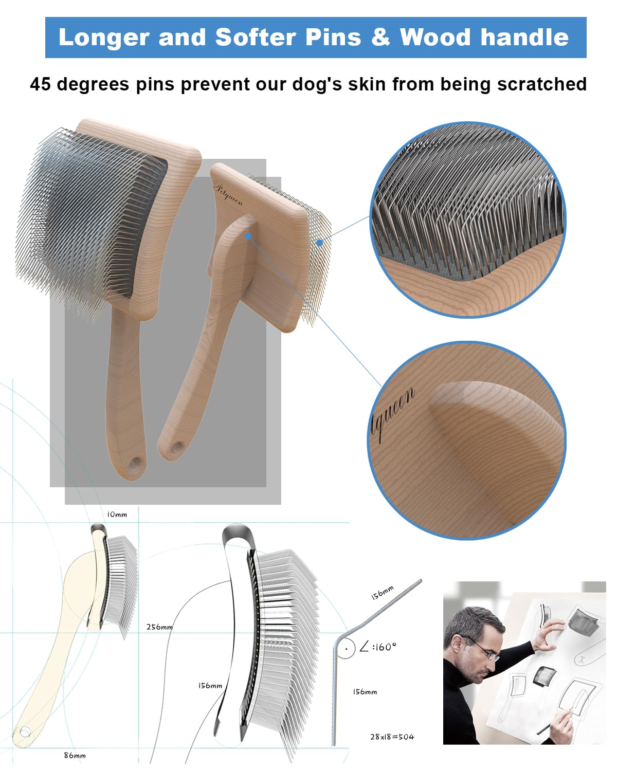 Petqueen Dog Slicker Brush, Large Dog Brush, Professional Doodles Brush, for Poodles, Goldendoodles and Labradoodles, Easy to Re