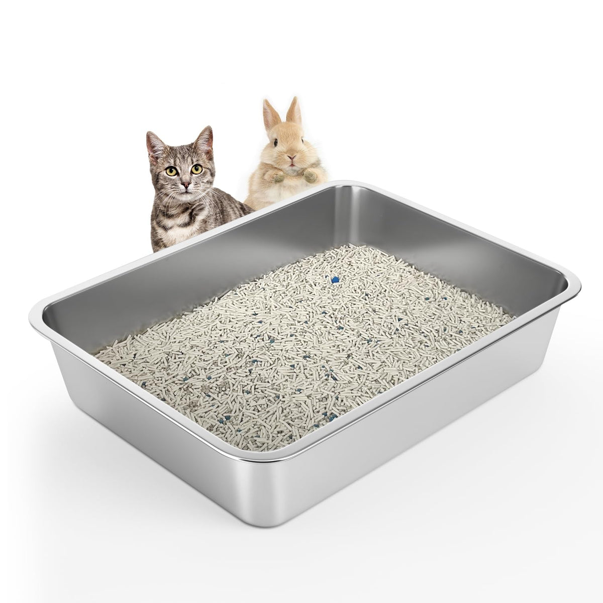 Wenbokmin Stainless Steel Cat Litter Box - Litter Box For Small Cats - Easy To Clean, Never Absorbs Odor, Stains, Or Rusts - Sil