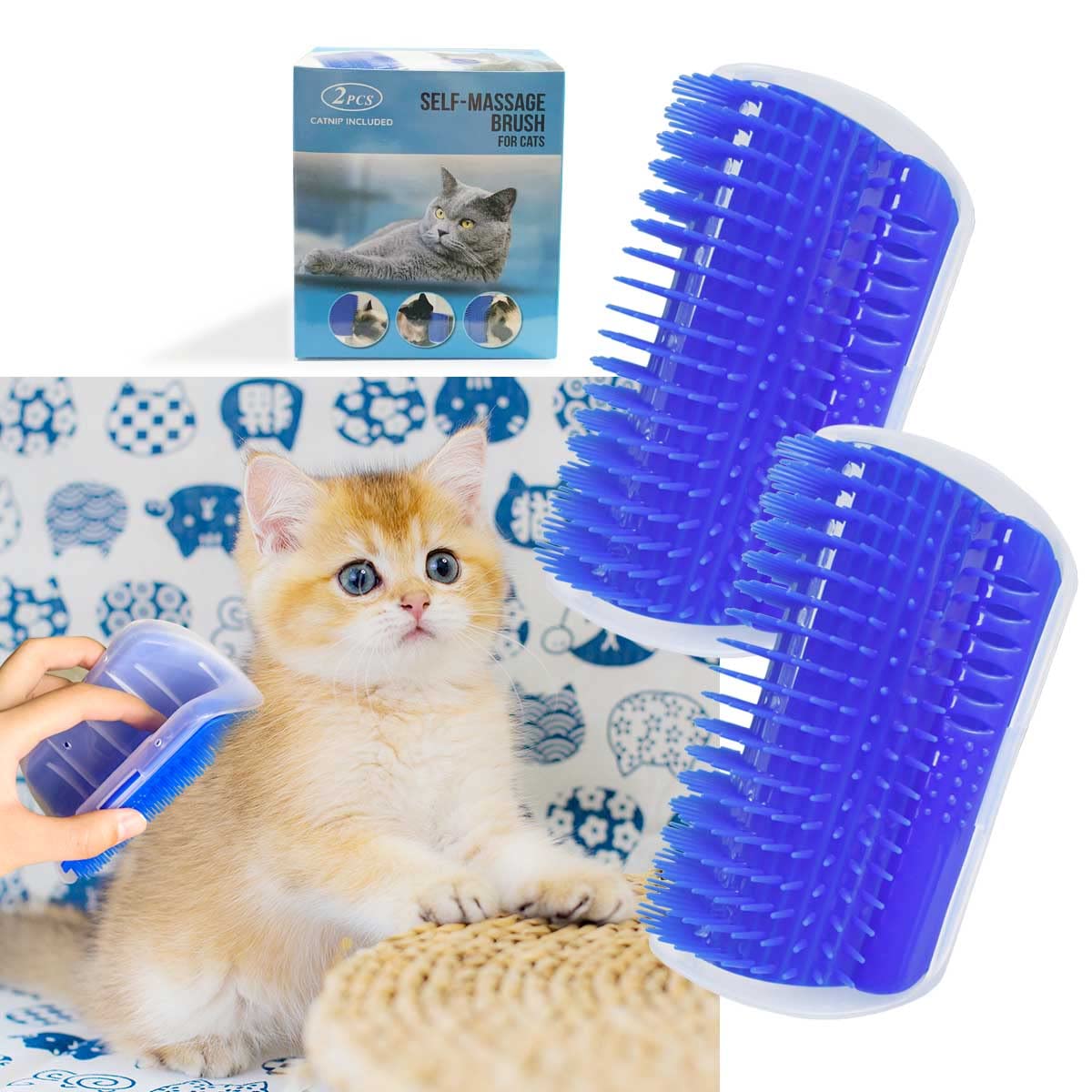 2 Pack Self Grooming Wall Brush For Cats And Dogs - Cat Groomer With Catnip, Massage Comb Tool For Long & Short Fur Pets (Blue)
