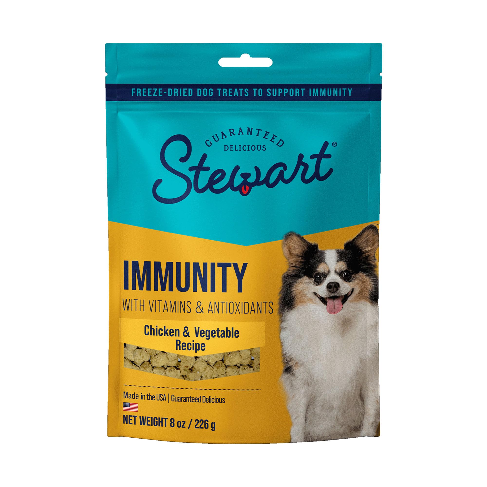 Stewart Freeze Dried Dog Treats, Chicken & Vegetable, Immunity Treats, Vitamin E, Grain Free, 8 Ounce Resealable Pouch, Made in 