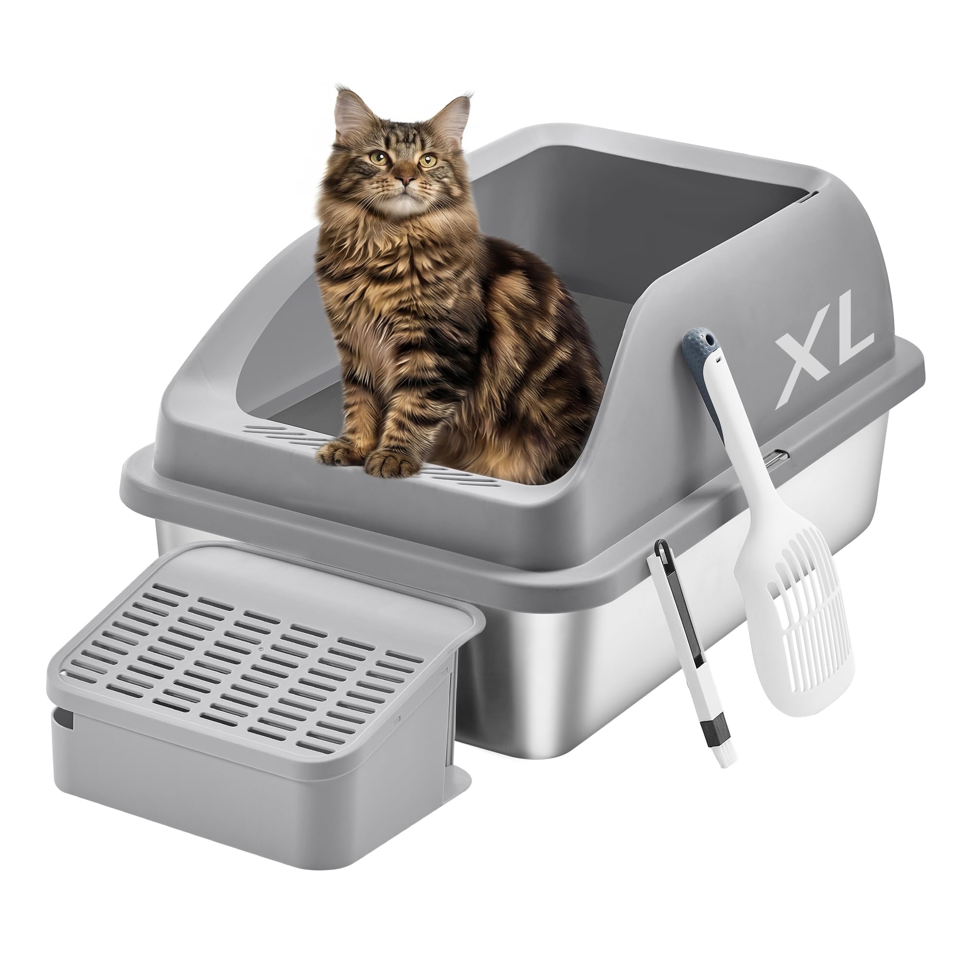 Feandrea Stainless Steel Cat Litter Box with Open Top, High Sided Litter Tray with Step, Scoop, Brush, for Cats up to 33 lb, Dov