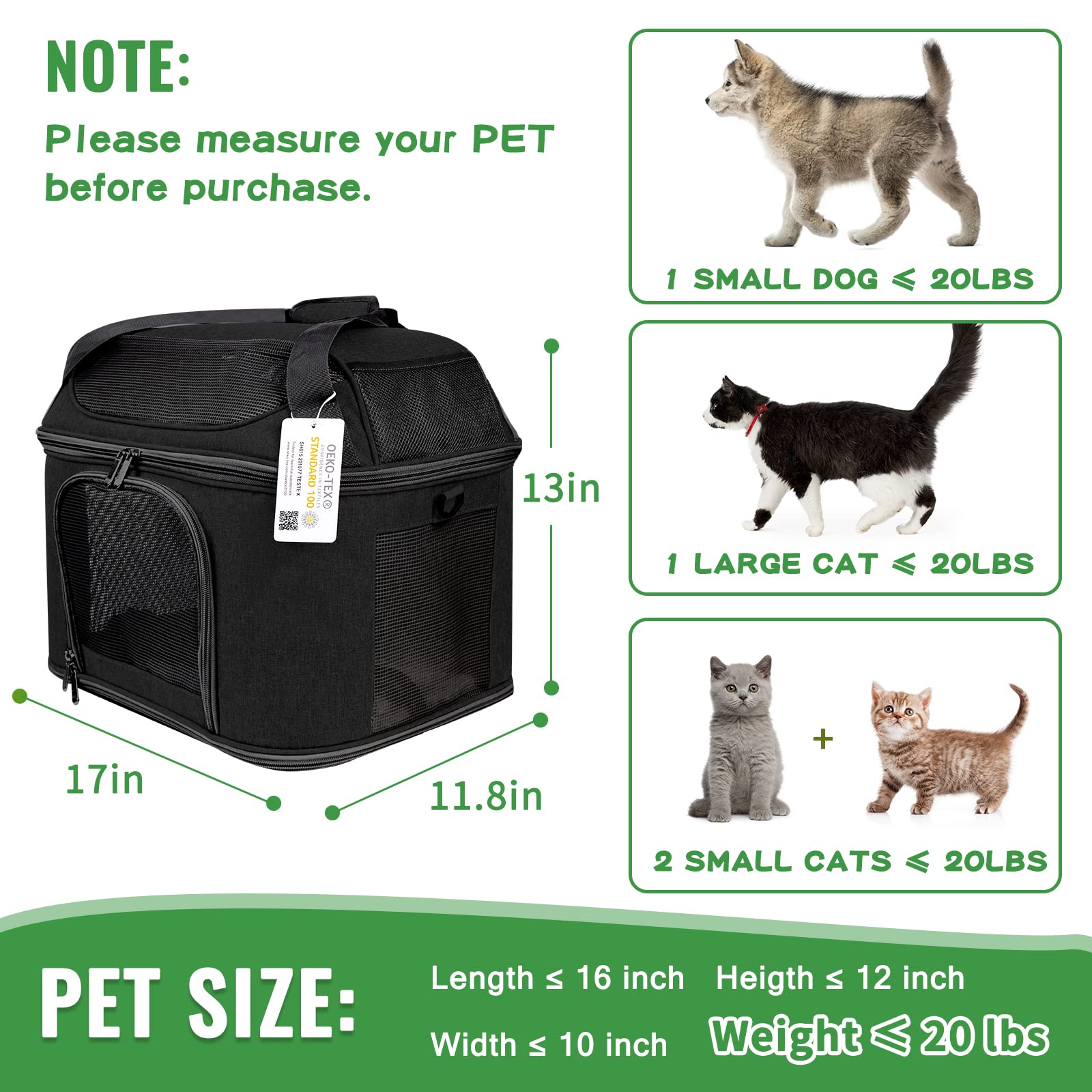 Bejibear Large Cat Carrier For 2 Cats, Soft Side Carrier For Cats Small Dogs, Collapsible Travel Dog Carrier Oeko-Tex Certified, Tsa Airline Approved Cat Carrier Backpack For 20 Lbs Cat,Black