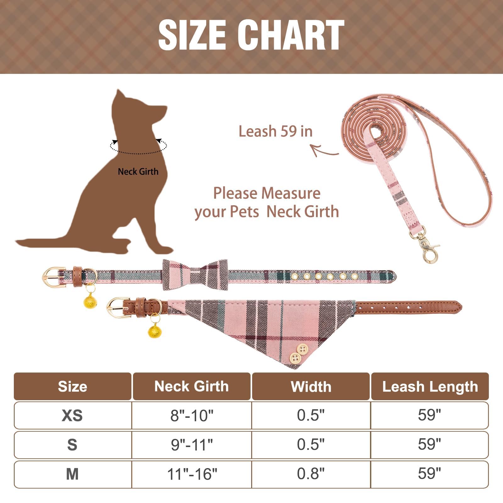 Kooltail Dog Collar And Leash Set 3 Park, Adjustable Soft Leather Puppy Collar And Leash Tangle Free For Outdoor Walking, Dog Bandana Collar With Bow Tie & Bell For Small Medium Dogs Cats Pink Plaid