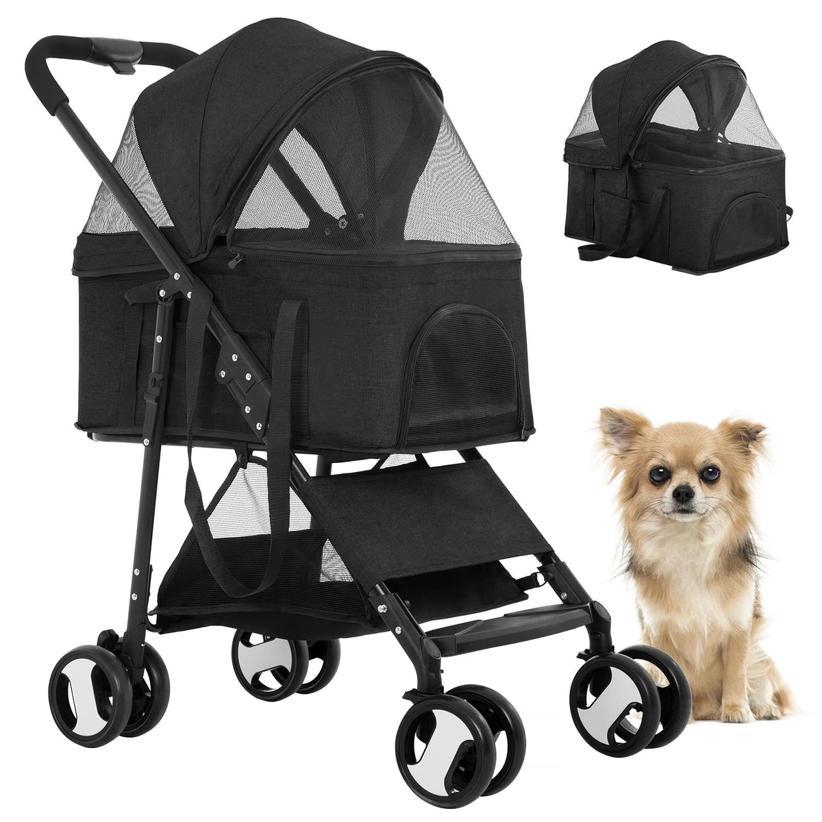 Bestpet Premium 3-In-1 Multifunction Folding Jogger Stroller With Detachable Carrier For Medium Small Dogs Cats Pet Travel, Lightweight, Black