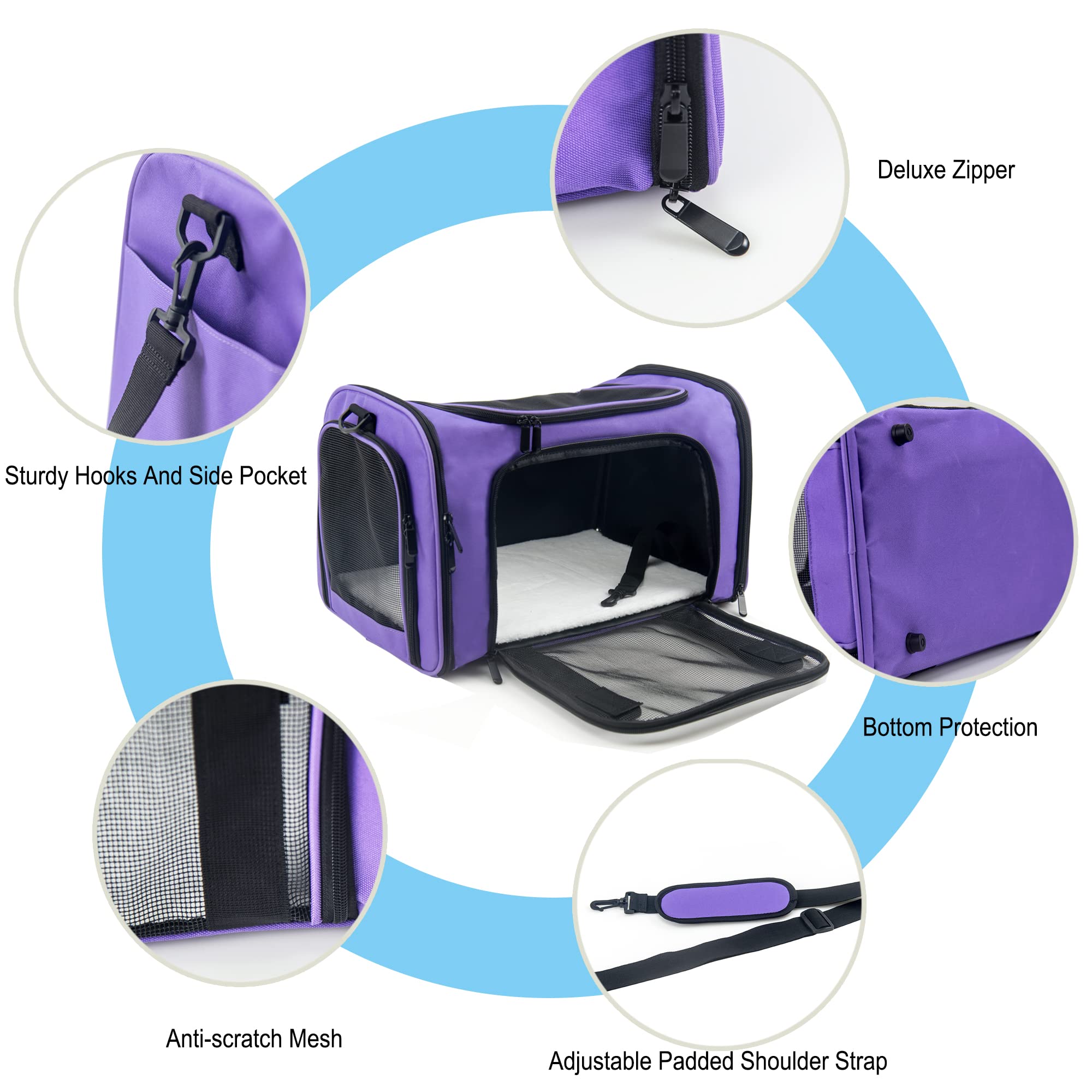 Nextfri Soft Sided Carrier For Small Medium Cats Dogs,Removable Pad Collapsible Travel Pet Carrier Large Purple