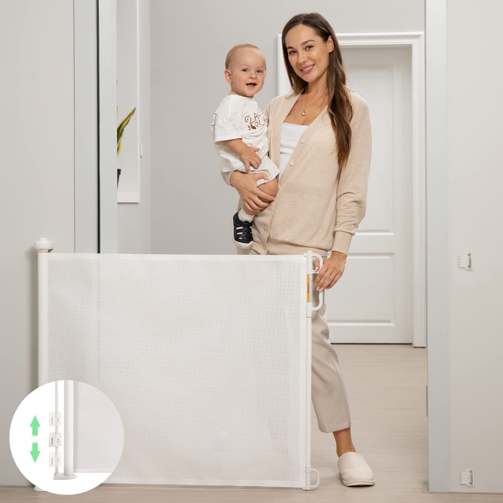 Retractable Baby Gate, Momcozy Mesh Baby Gate or Mesh Dog Gate, 33'' Tall,Extends up to 55'' Wide, Child Safety Gate for Doorway