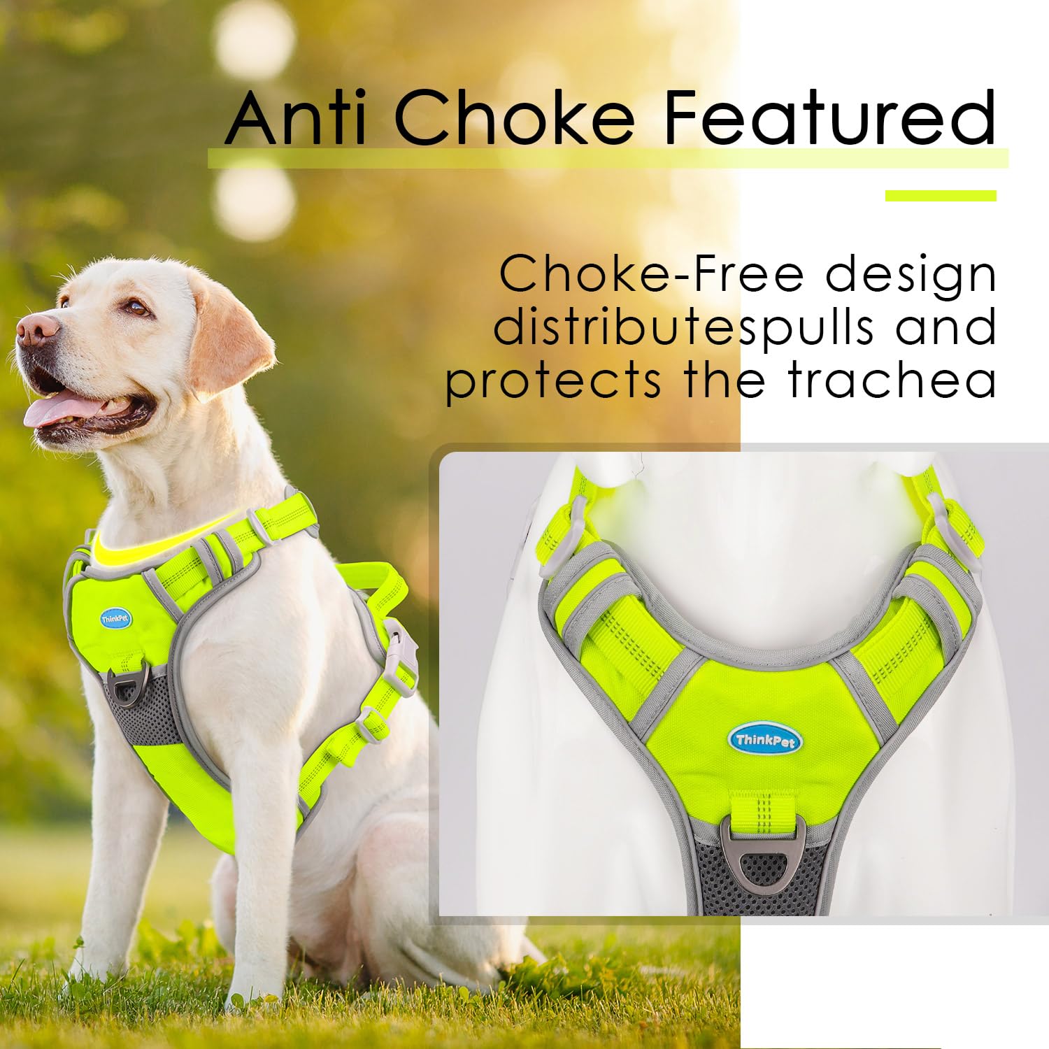 Thinkpet No Pull Harness Breathable Sport Harness With Handle-Dog Harnesses Reflective Adjustable For Medium Large Dogs,Back/Front Clip For Easy Control S Neon Green