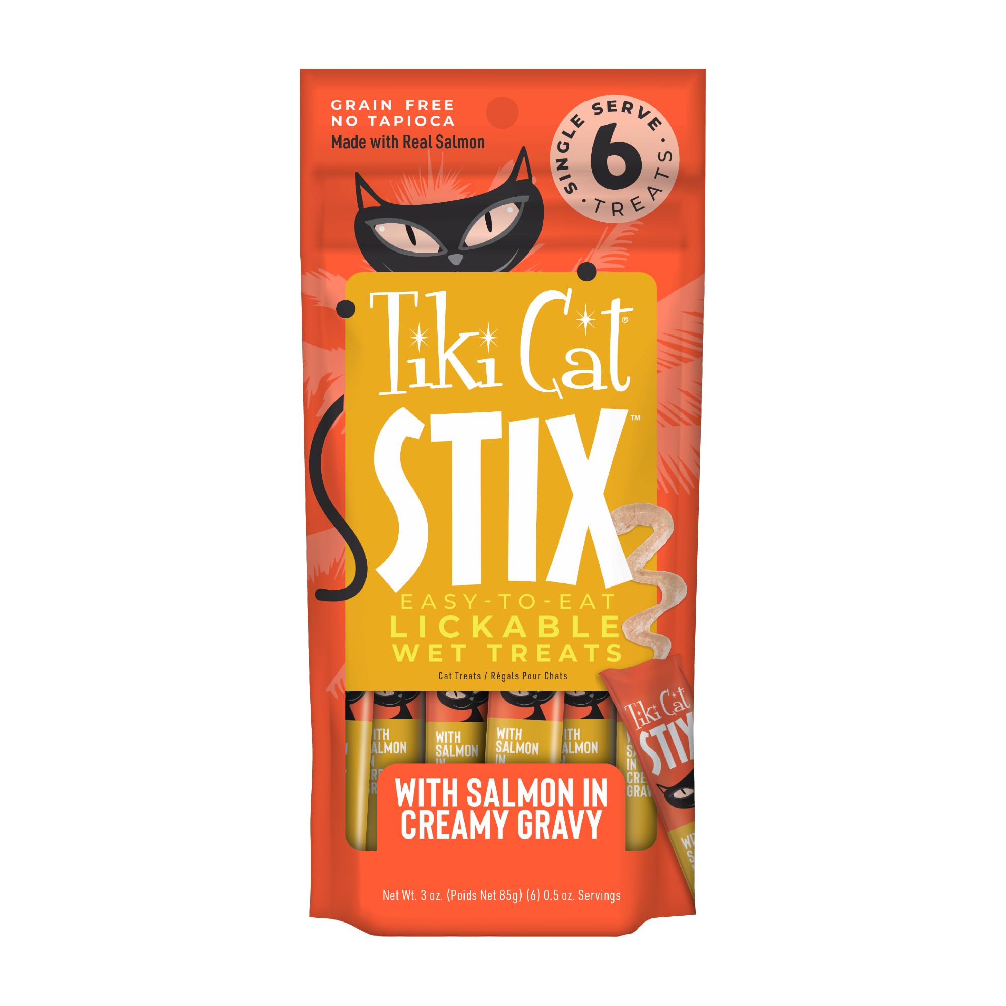 Tiki Cat Stix Mousse Treats, Single Serve Indulgent Lickable Treat or Dry Food Topper, with Salmon in Creamy Gravy, 3 oz. Pouch 