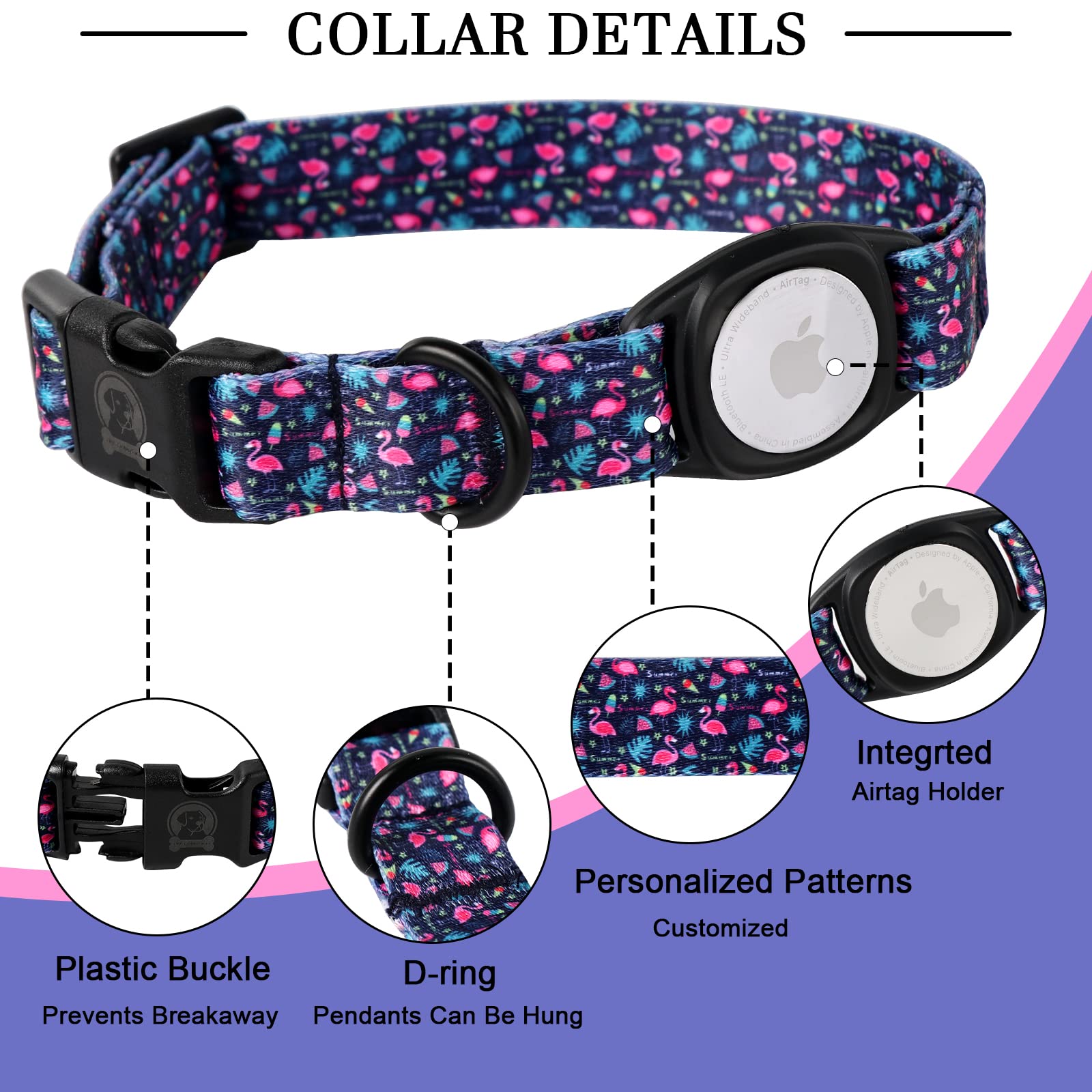 Mr.Chubbyface Spring Summer Dog Collar With Apple Airtag Holder Flamingos Dog Collar For Small Medium Large Boy Girl Dogs