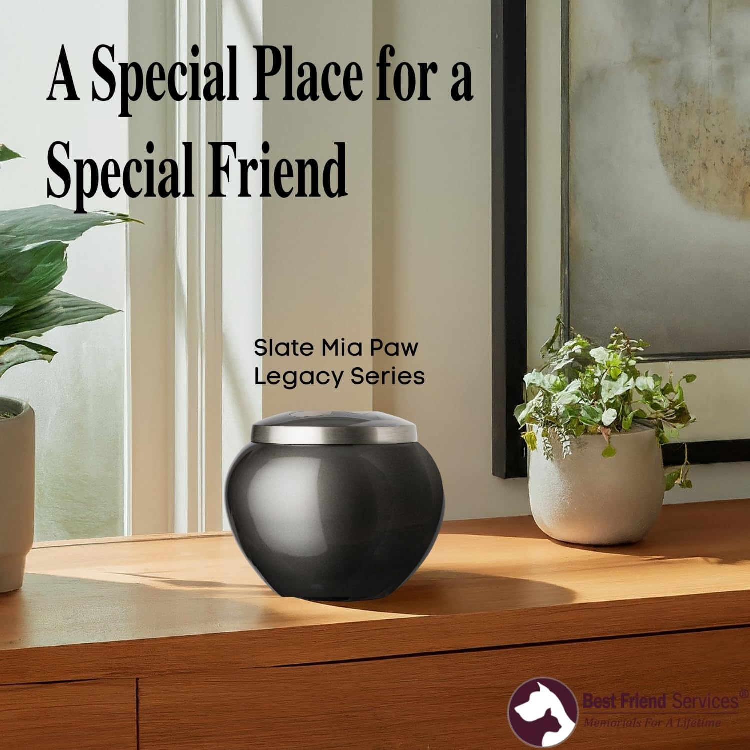 Best Friend Services Pet Urn - Large Hand Carved Aluminum Urn for Pets up to 70lbs - Slate, Single Pewter Paw - Model 2887-70-A