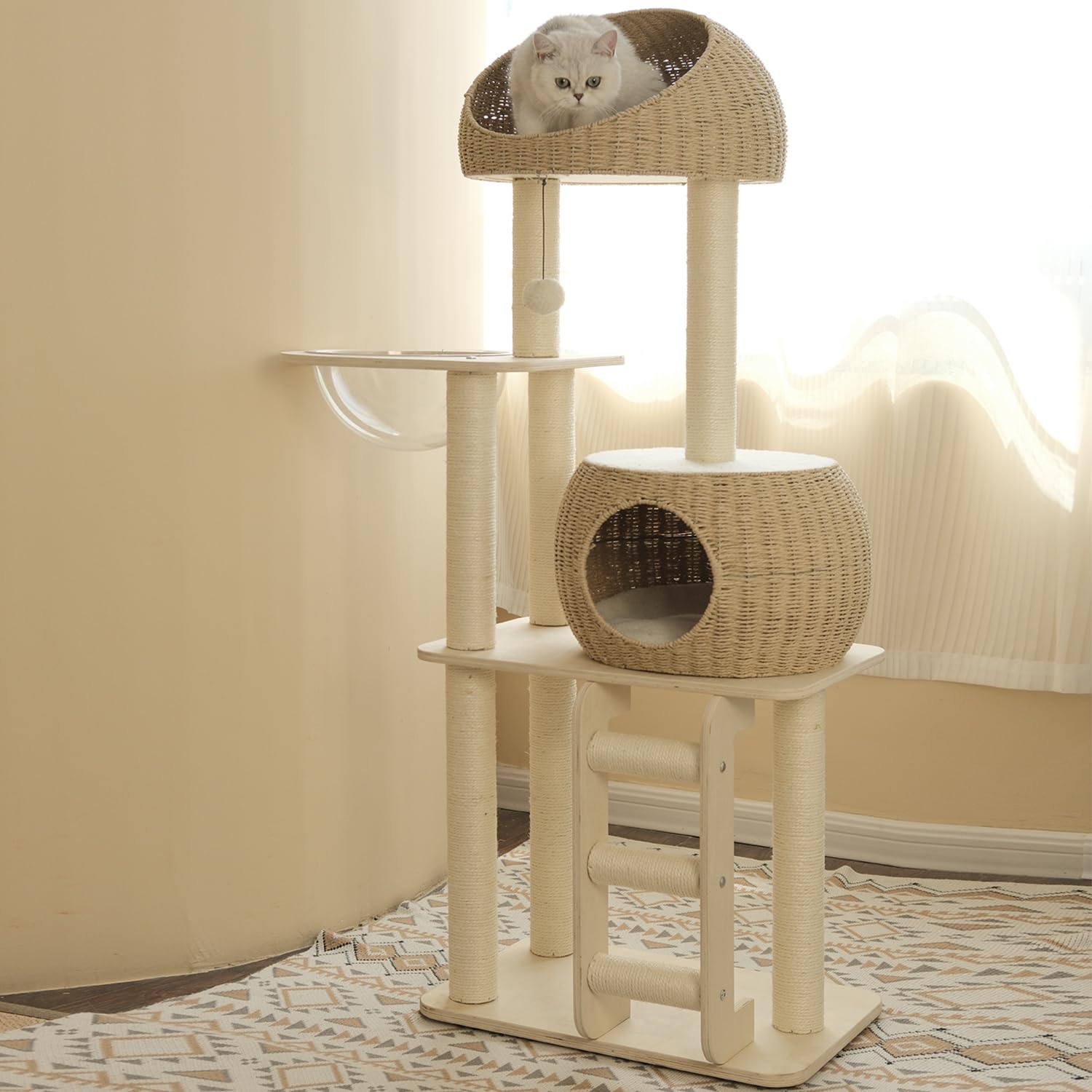 Pawlabay Rattan Cat Tree For Indoor Cats,Tall Cat Tree Tower With Cat Scratching Post,Wood Cat Tower For Indoor Cats,57.5 Inch T