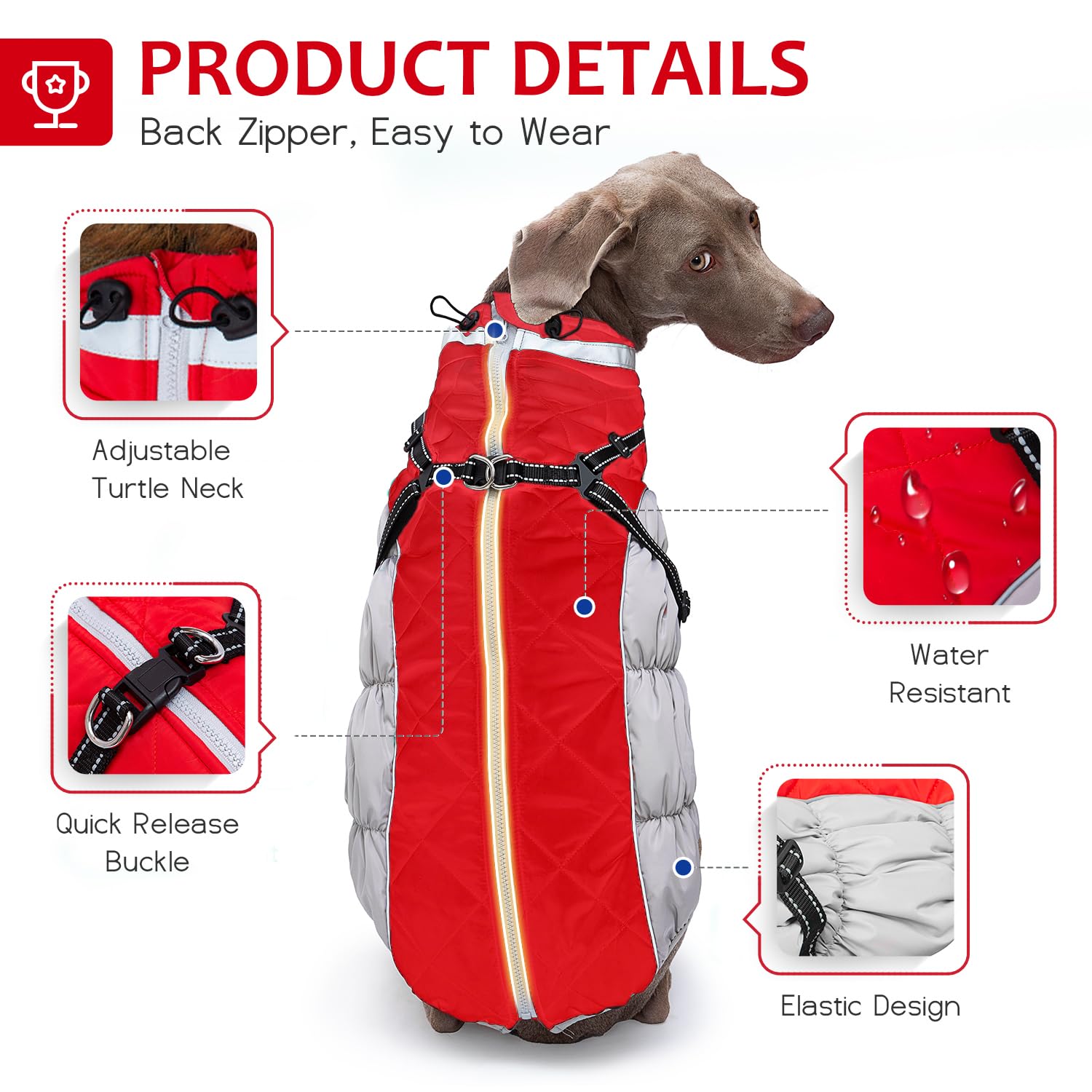 Abuandi Dog Winter Coat with Harness, Dog Jacket Clothes with Zipper on Back, Waterproof Windproof Warm Vest, Reflective Cold We