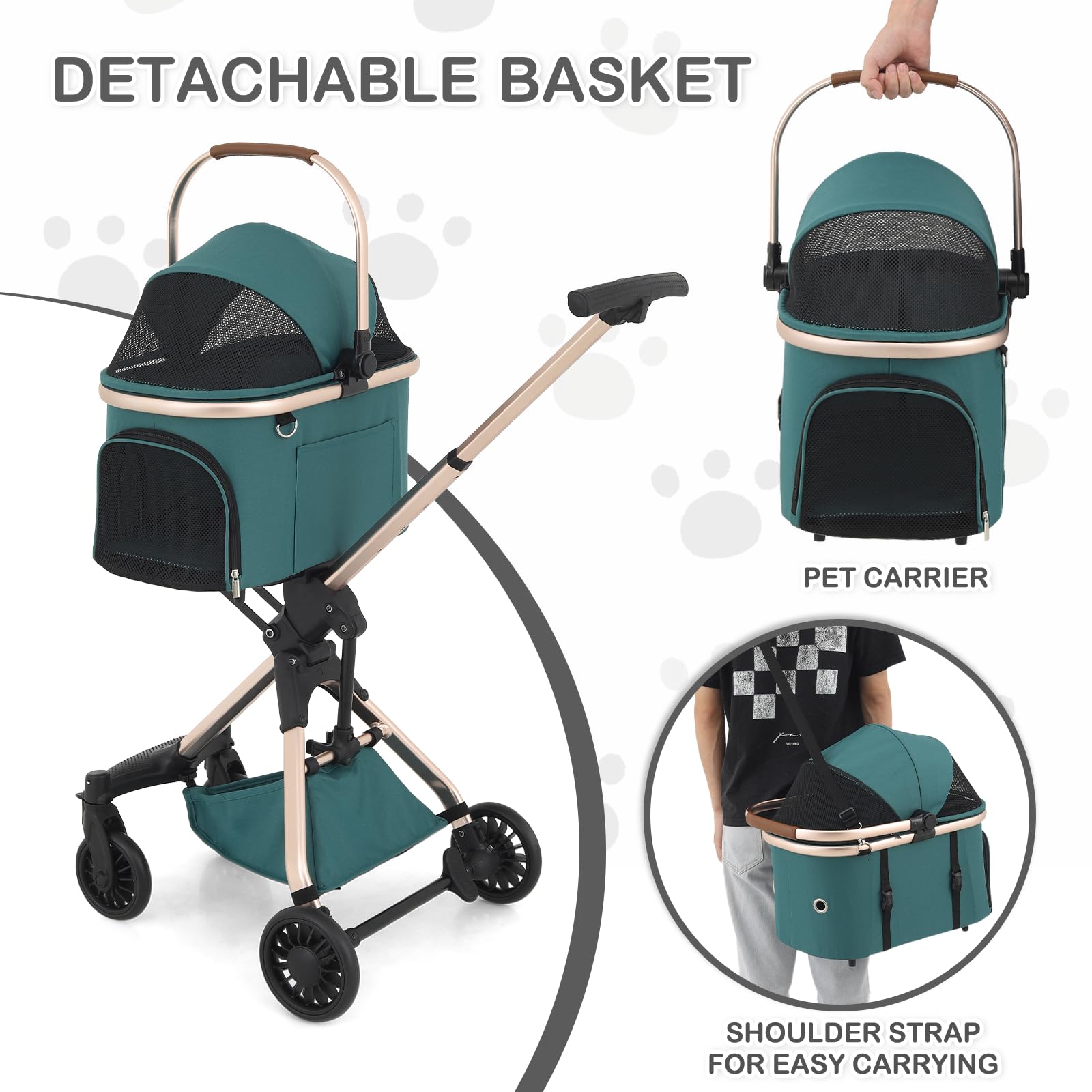 Monibloom 3 In 1 Pet Stroller With Adjustable Handle, Jogging Stroller W/Detachable Carrier & Lightweight Aluminum Frame For Dog