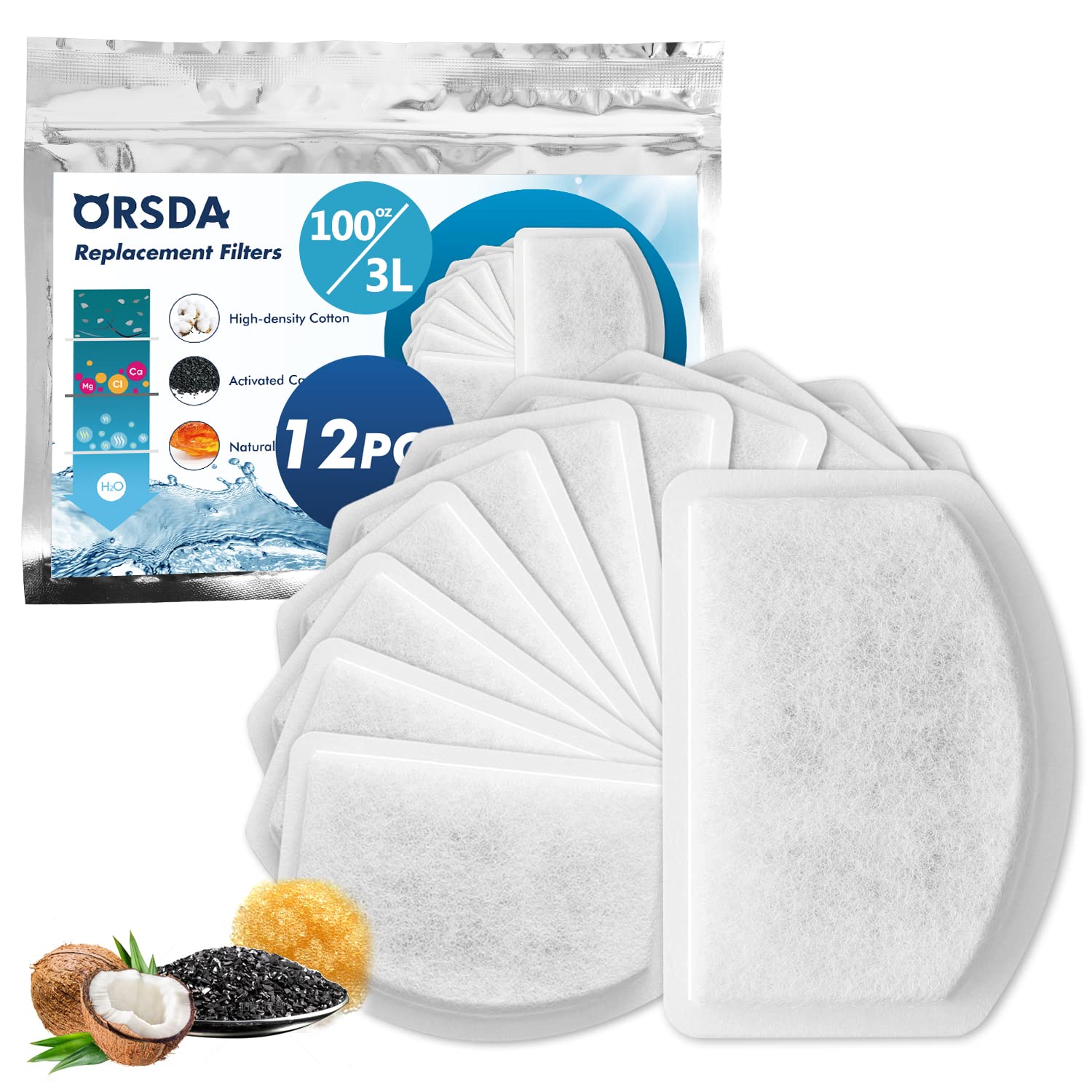 Orsda Cat Water Fountain Filters, 12 Pack Replacement Carbon, Resin Filters For D60 100Oz/3L Automatic Pet Fountain Cat Water Fountain Dog Water Dispenser, 3 Triple Filtration System