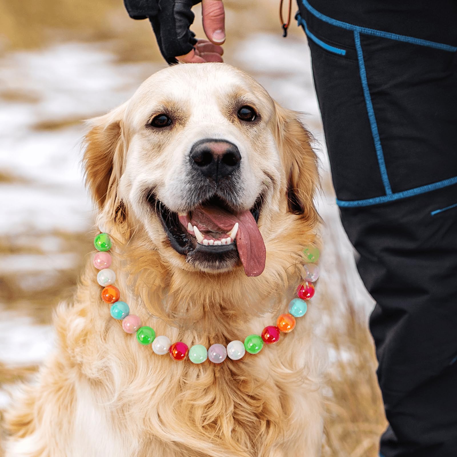 Hosiwei Handmade Rainbow Beaded Dog Necklace (Beads 16Mm) With Strong Stainless Steel Wire Rope, Adjustable Vibrant Candy-Colore