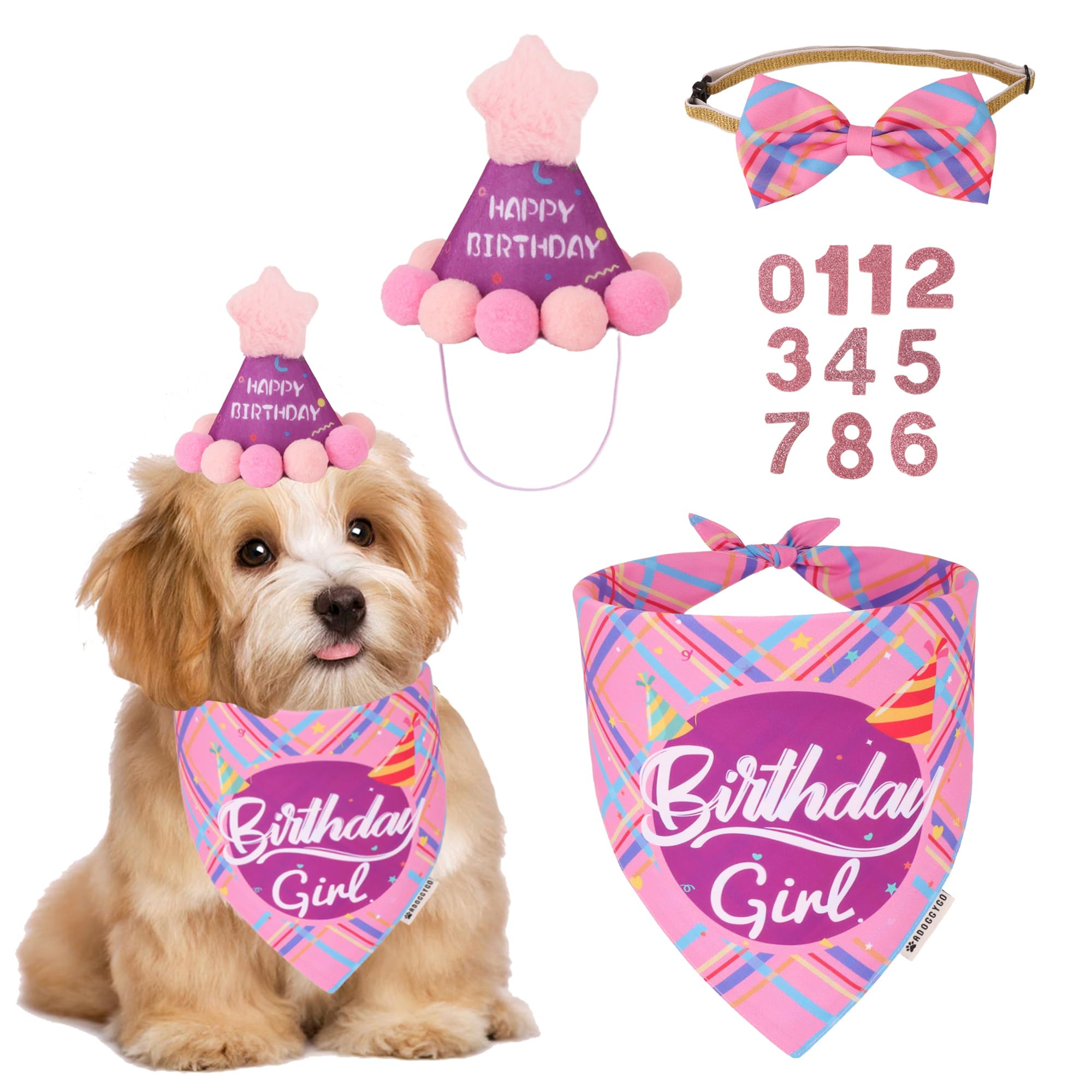 Adoggygo Dog Birthday Party Supplies, Pink Birthday Girl Pet Bandana Hat Bowtie Set For Small Dogs (Small)
