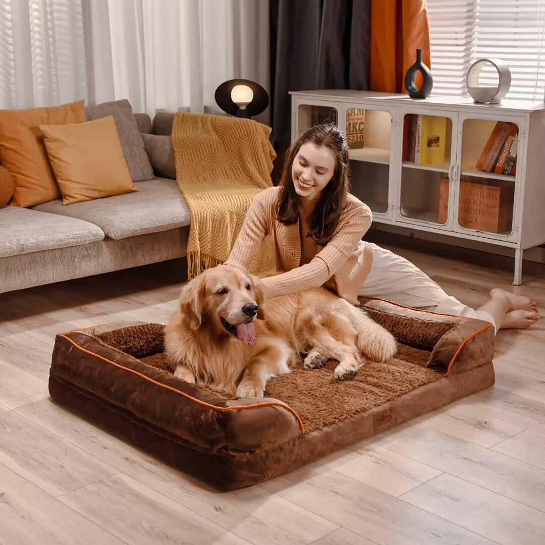 Comfort Expression Large Dog Beds Orthopedic Foam, Waterproof Dog Beds For Large Dogs, Comfy Pet Bed Sofa With Washable Removable Cover & Non-Slip Bottom(Large,Chocolate Brown)