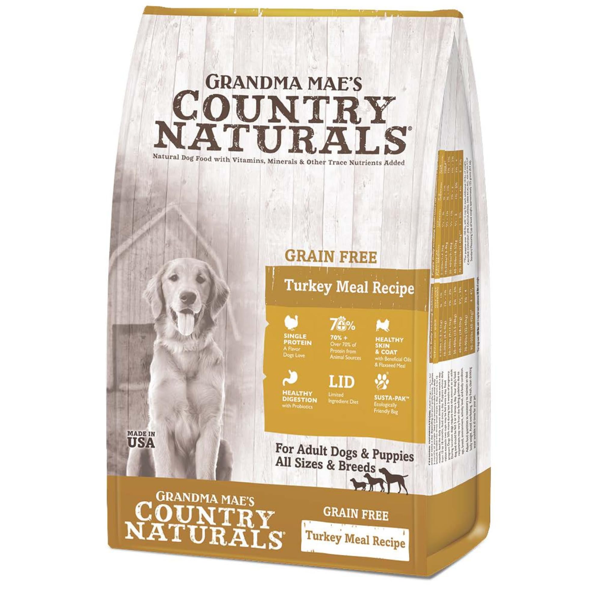 Grandma Maes Country Naturals Dry Dog Food, Grain Free Formula, Turkey, Slow Cooked & Nutrient Dense, Made in USA, 4 LB Bag