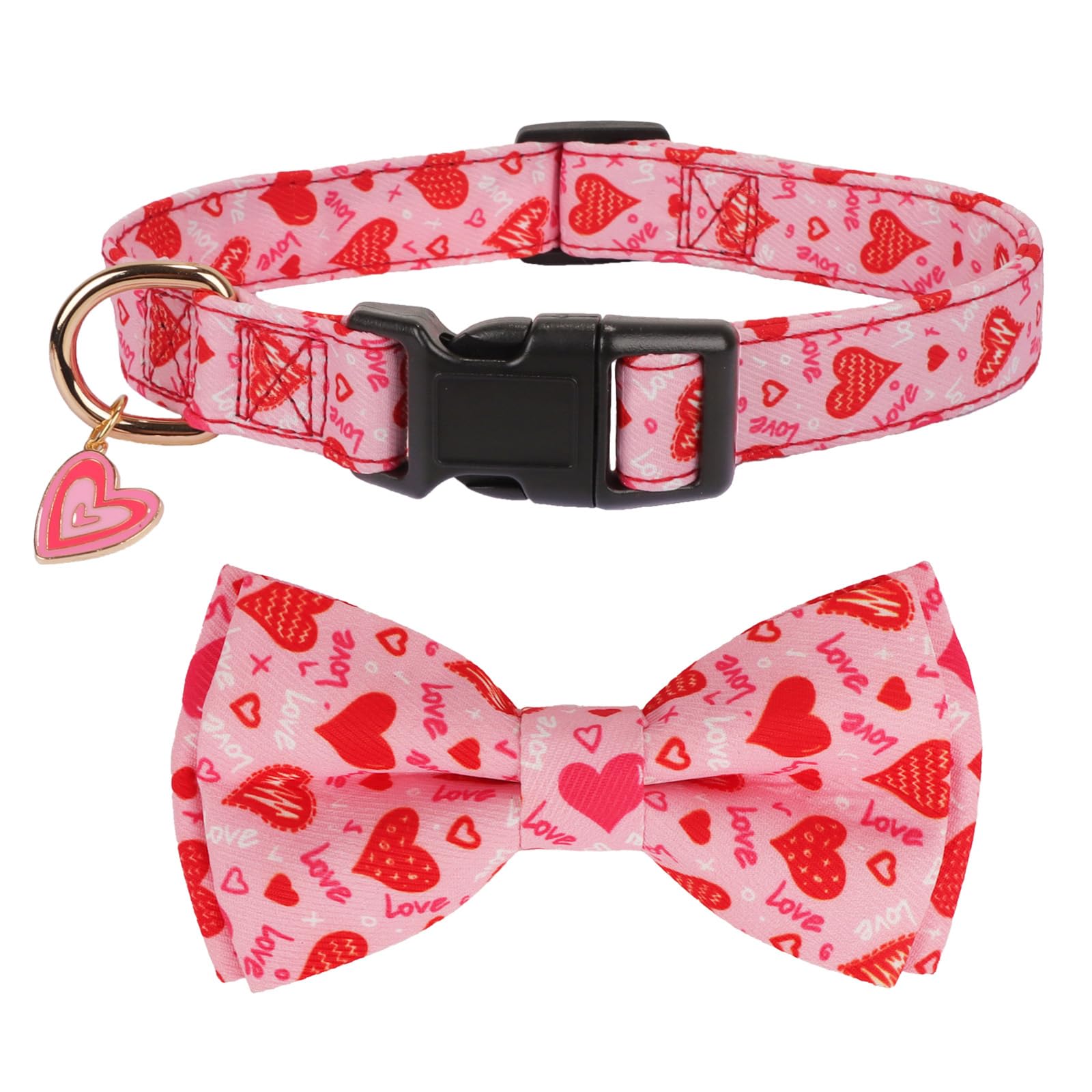 Ptdecor Valentine Dog Collar With Bowtie Adjustable Pink Love Heart Pet Collars Valentine Collars For Large Dogs Pets (Large)