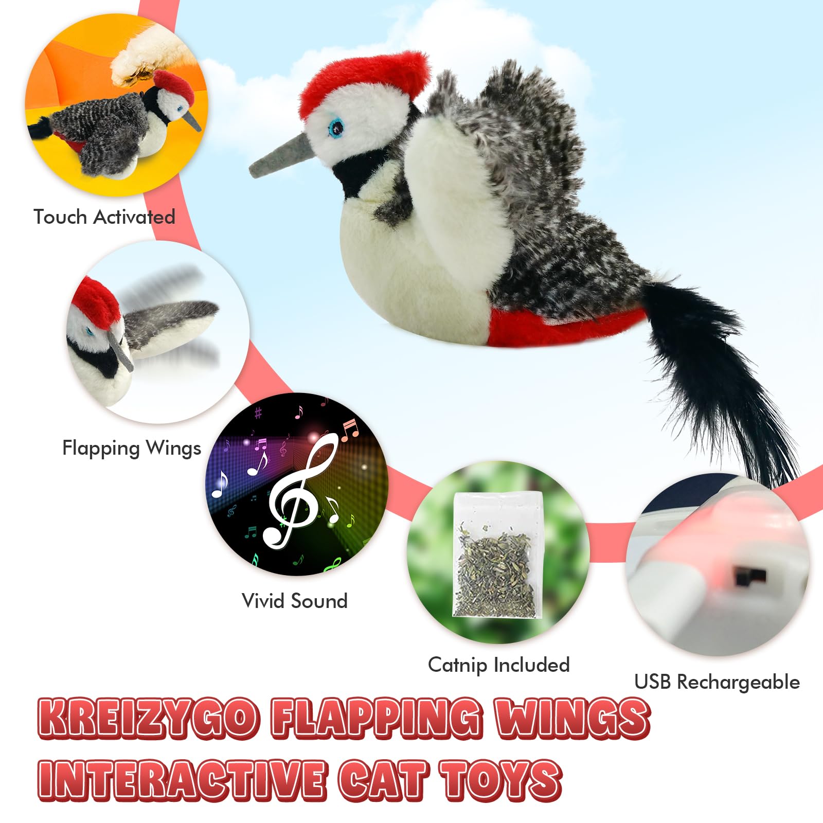 Kreizygo Cat Toys, Flapping Wings Woodpecker, No Flying, Chirping Bird Interactive Catnip Toy For Kitten Or Small Dogs, Touch Ac