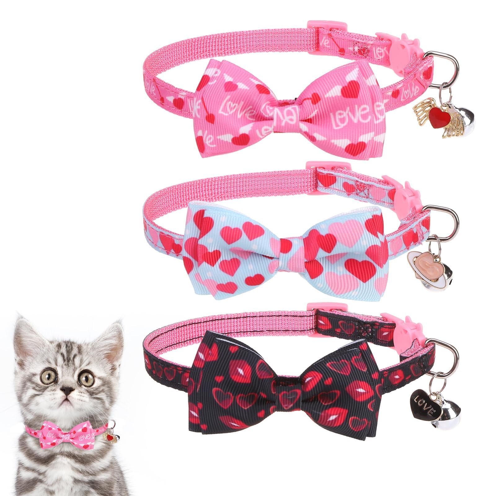 Kooltail Cat Collar Breakaway With Bowtie And Bells, 3 Pack Cute Kitten Collars, Adjustable Safety Buckle Heart Charm Pendant Pe