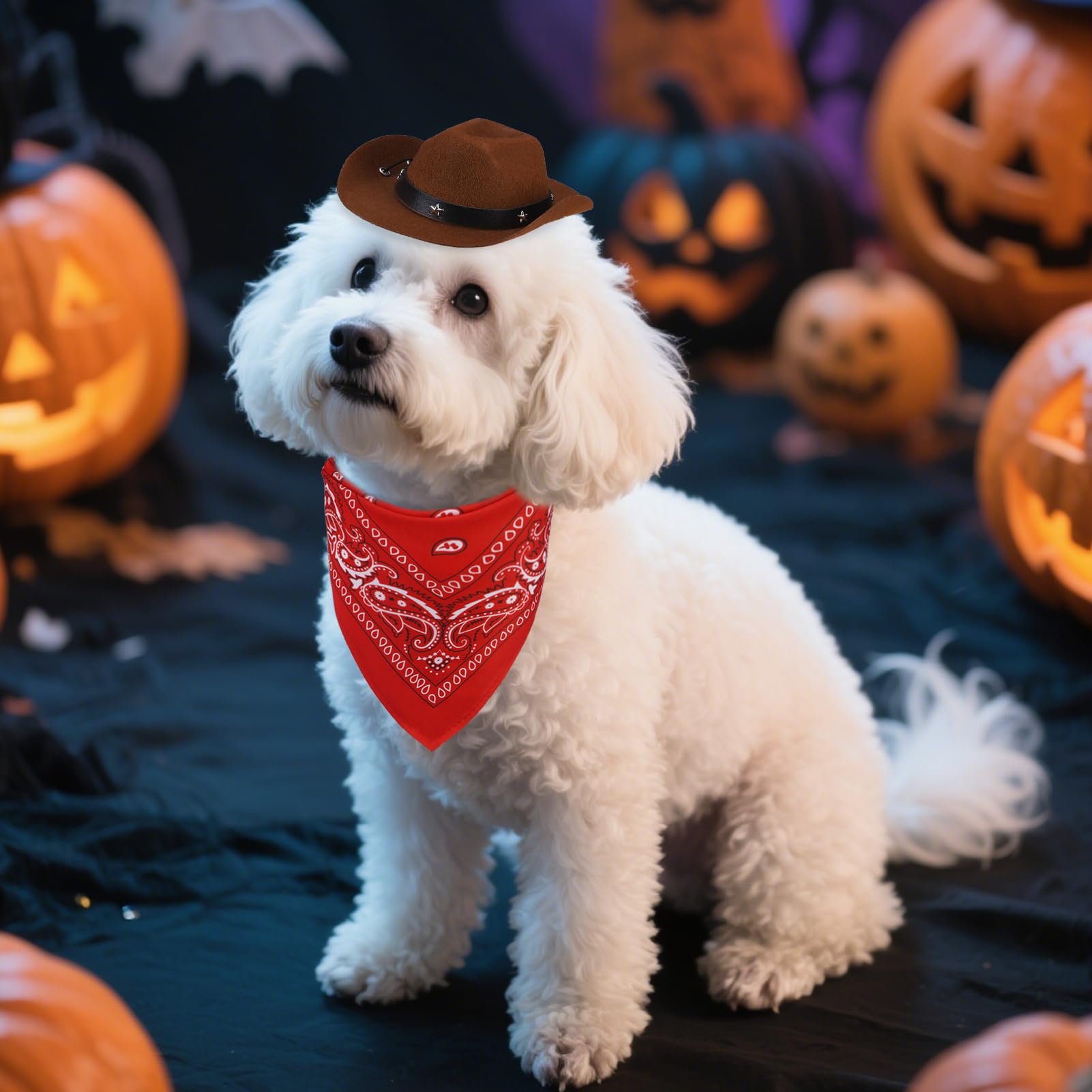 Pupteck Paisley Dog Bandana Outfit Scarf With Cute Doggy Cowboy Hat, Halloween Costume Decorations Supplies For Small Medium Lar
