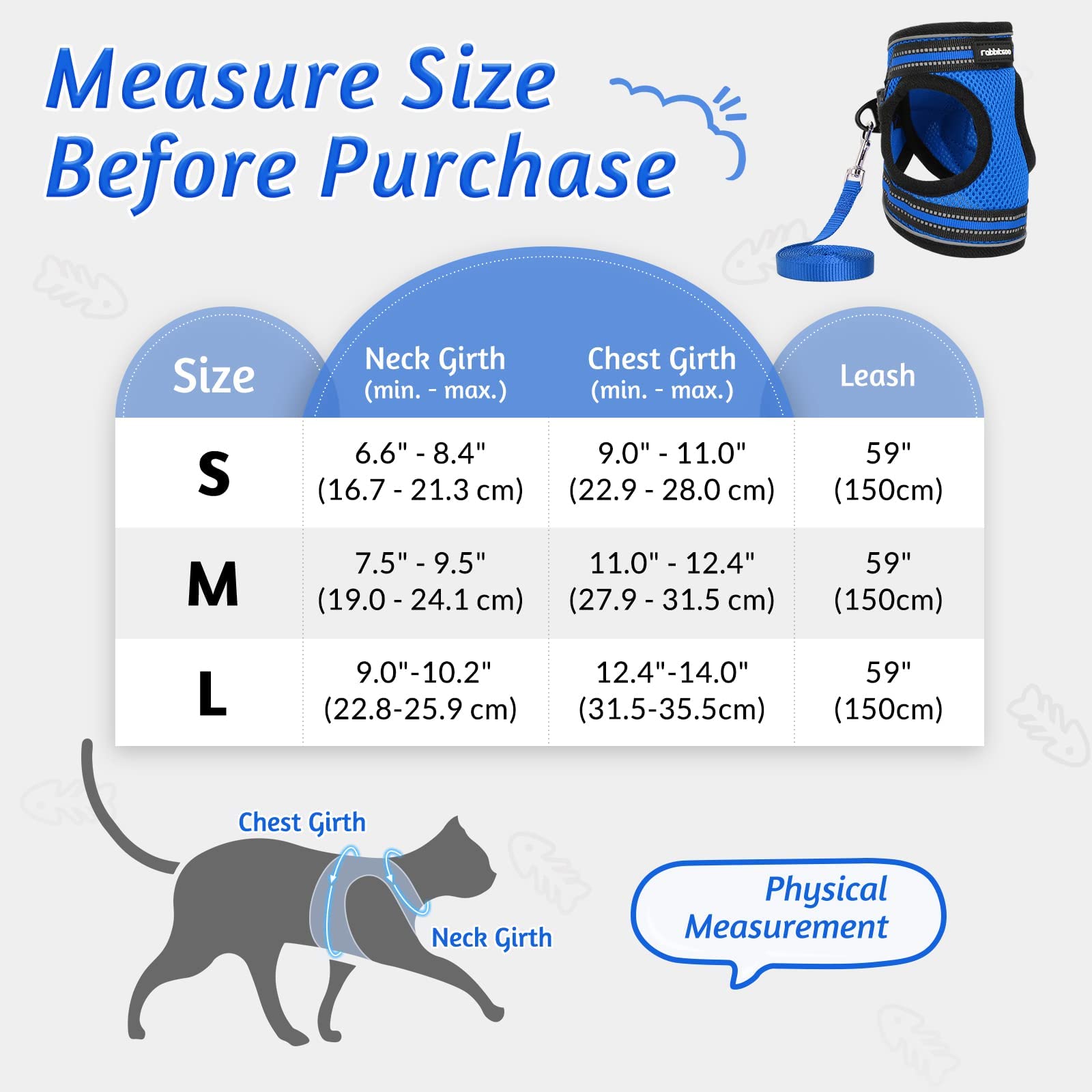 Rabbitgoo Cat Harness And Leash Set For Walking Escape Proof, Adjustable Soft Kittens Vest With Reflective Strip For Cats, Comfortable Outdoor Vest,Blue,L