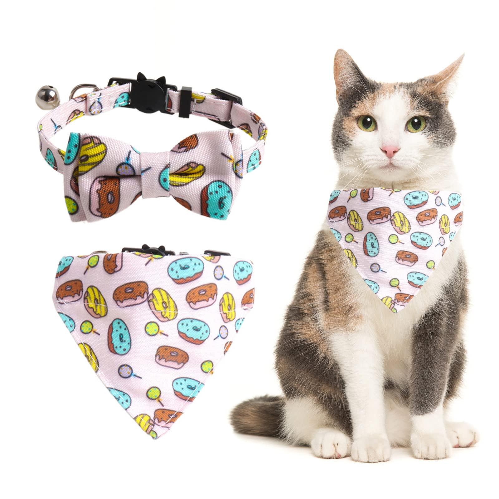 Hacraho Bow Tie Cat Collar Bandana, 2 Pieces Adjustable Cat Collar Bandana Bells Set Cat Collars With Bells Detachable Bow Tie B