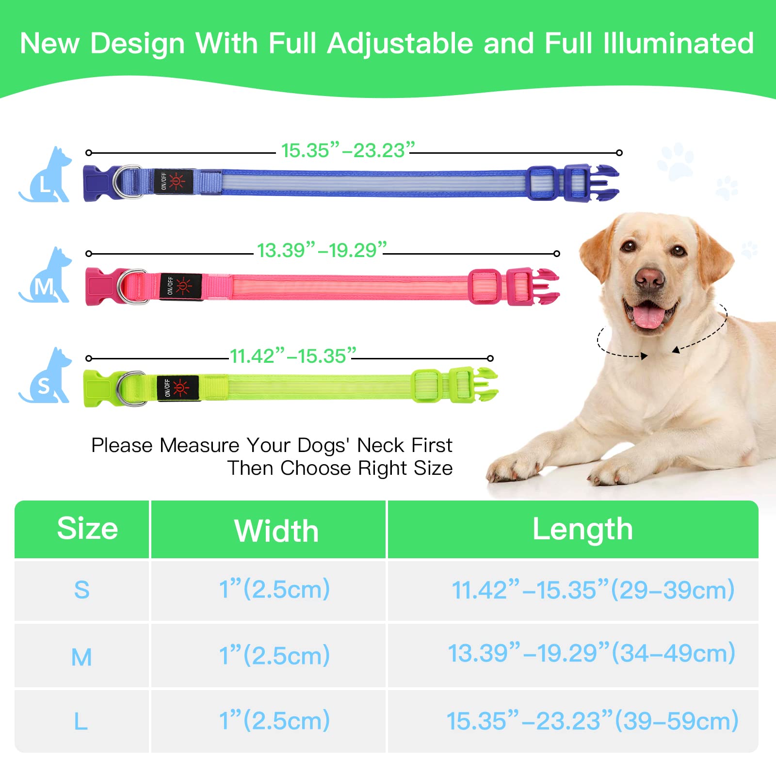 Yfbrite Light Up Dog Collar, Full Adjustable Rechargeable Led Dog Collar, Full Illuminated Dog Collar Light, Bright Dog Collar S