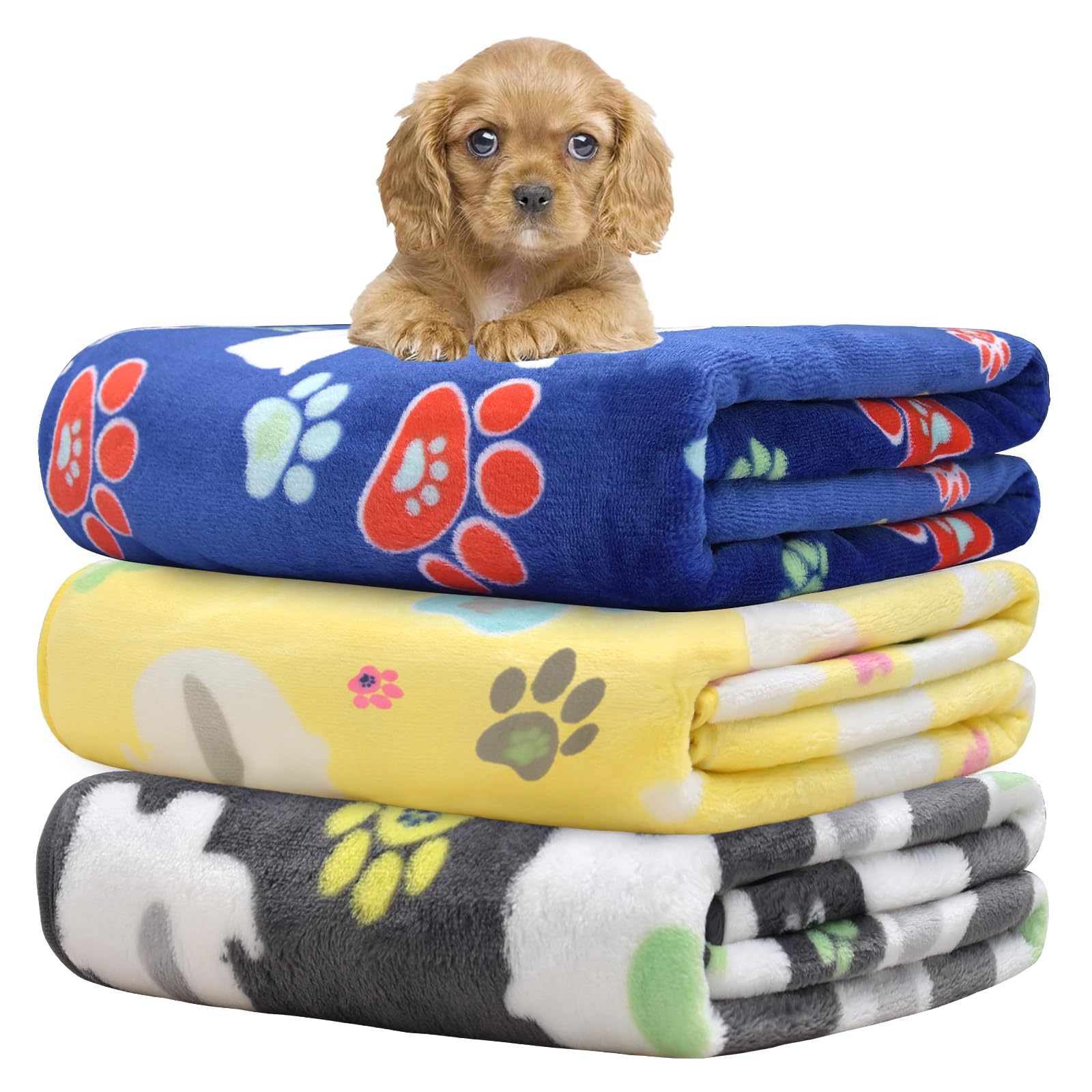 Rezutan Premium Soft Dog & Puppy Blankets, 1 Pack With Flannel Cute Elephant Dog Paw, Small Cat & Kitten Blankets, Grey/Blue/Yel