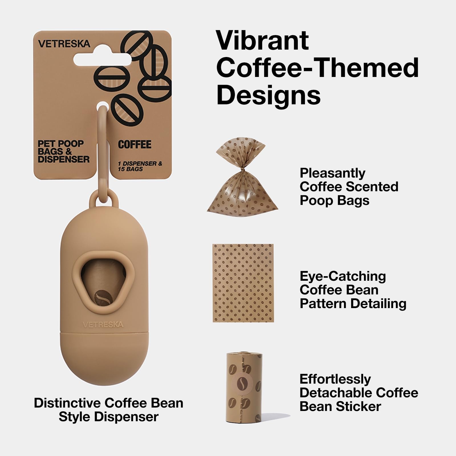 Vetreska Dog Poop Bags Dispenser With Coffee Scented Waste Bags, Leak Proof, Extra Thick & Strong, 1 Holder And 105 Count Pet Po