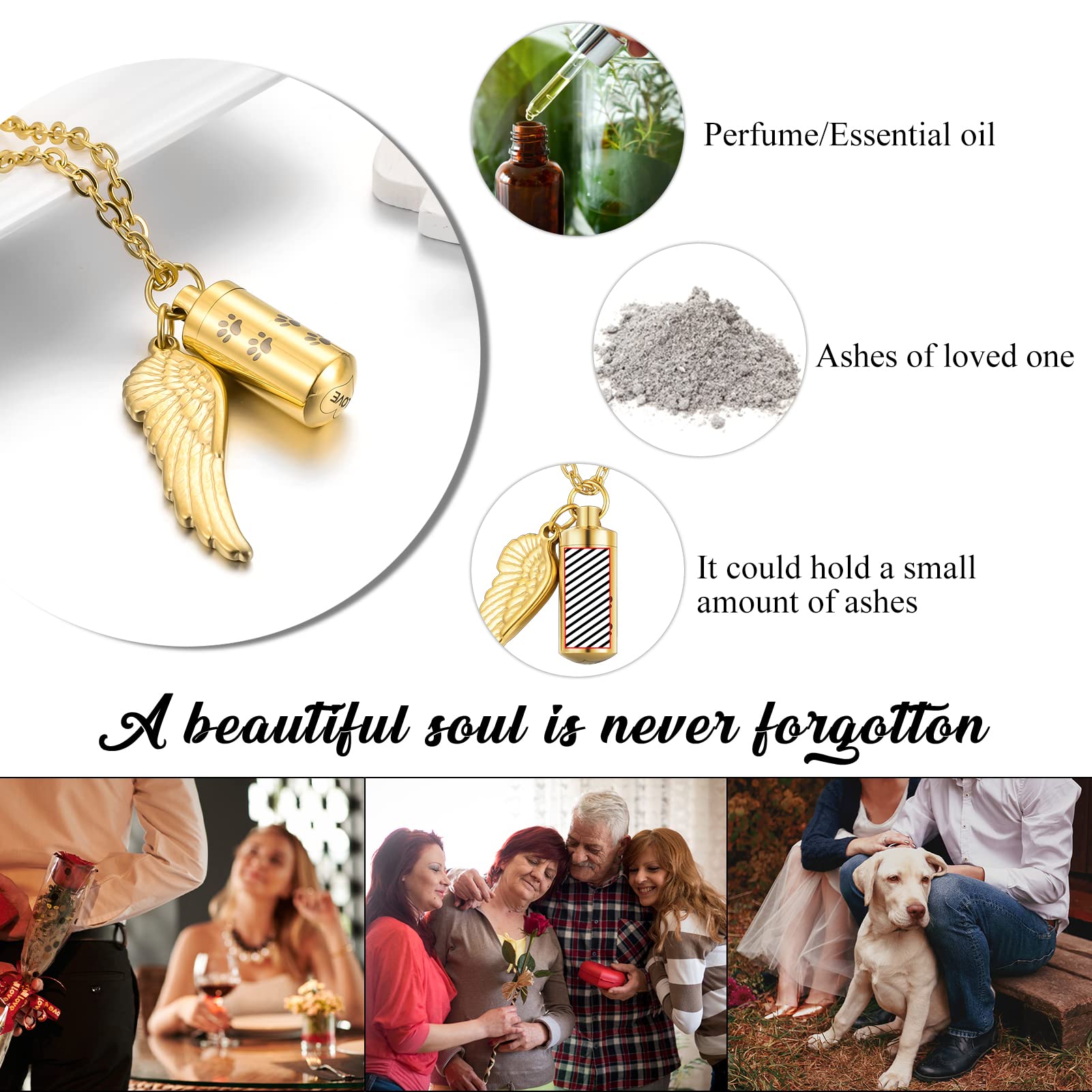 Abooxiu Cylinder Cremation Necklace For Pet Ashes Urn Necklace With Angel Wing Pet Paw Ashes Necklace For Dog/Cat Pet Memorial Keepsake Jewelry