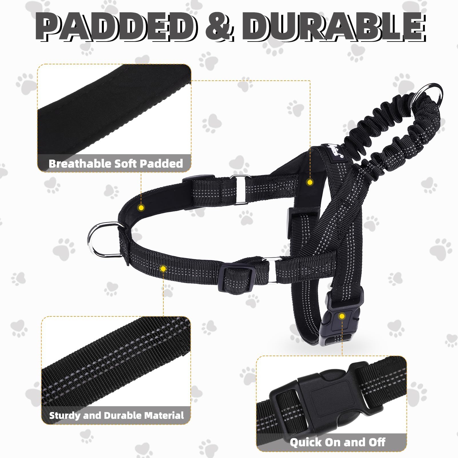 Pupteck No Pull Dog Harness For Large Dogs, Adjustable Reflective Pet Vest Harness With Bungee Handle, Escape Proof No Choke Har