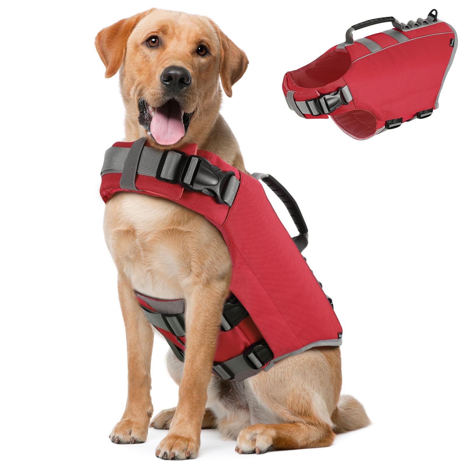 Pawaboo Dog Life Jacket, Reflective Dog Safety Vest Adjustable Pet Life Preserver With Strong Buoyancy & Sturdy Rescue Handle, R