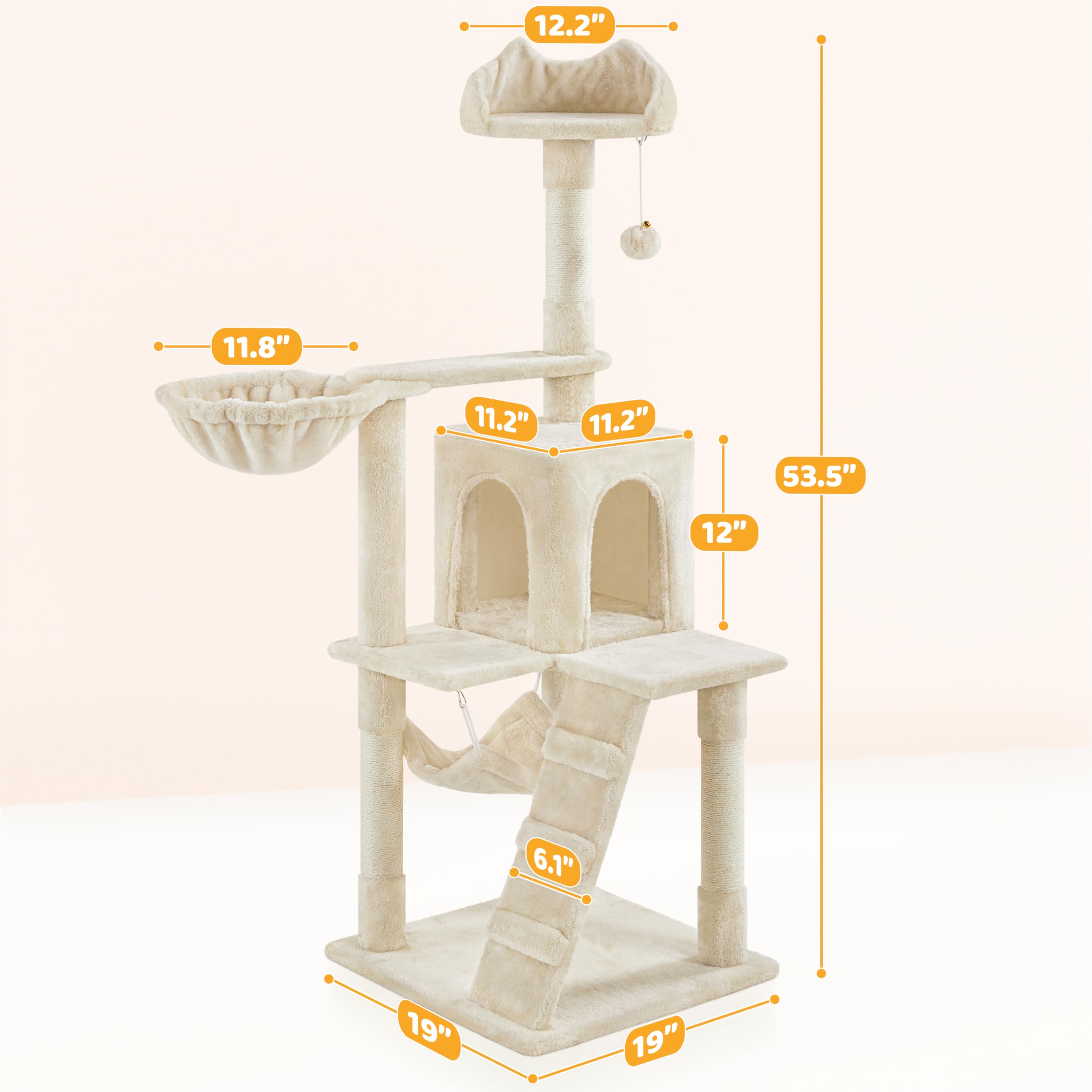 Yaheetech Cat Tree, 54in Tall Cat Tower for Indoor Cats with Extended Platform & Basket, Spacious Cat Condo, Funny Hammock, Scra