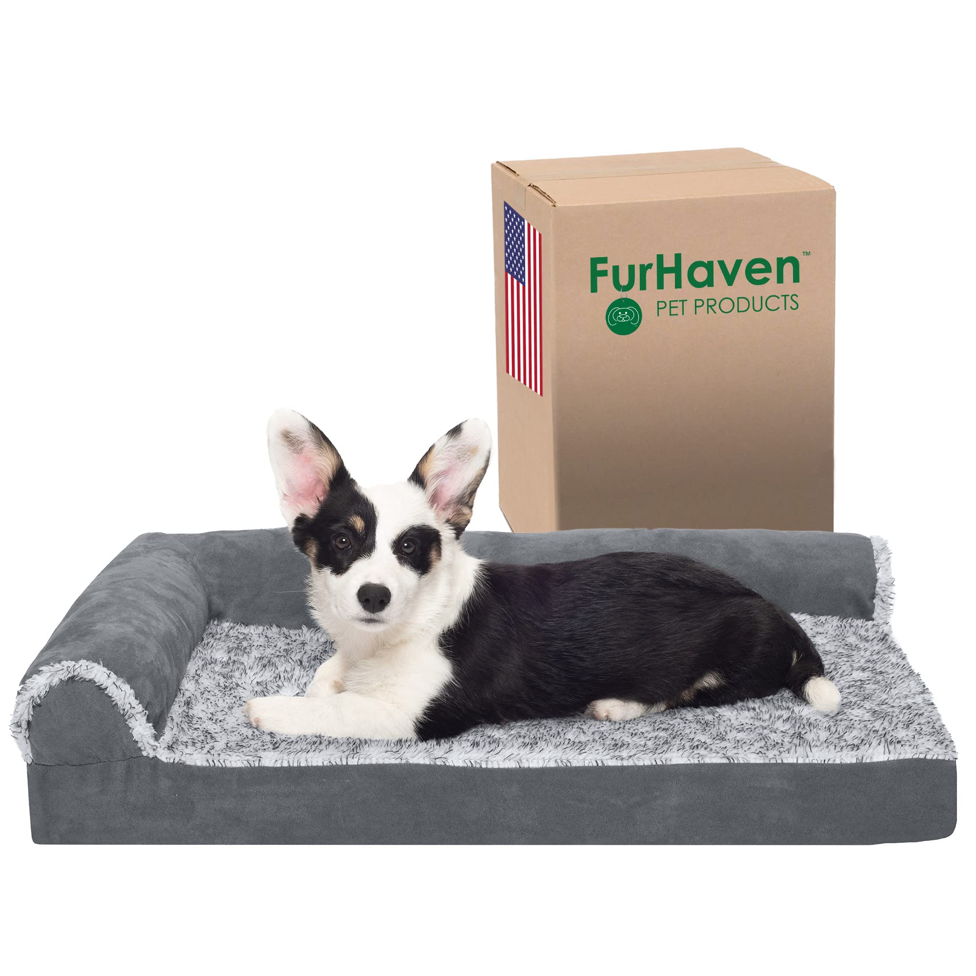 Furhaven Orthopedic Dog Bed For Medium/Small Dogs W/ Removable Bolsters & Washable Cover, For Dogs Up To 35 Lbs - Two-Tone Plush Faux Fur & Suede L Shaped Chaise - Stone Gray, Medium