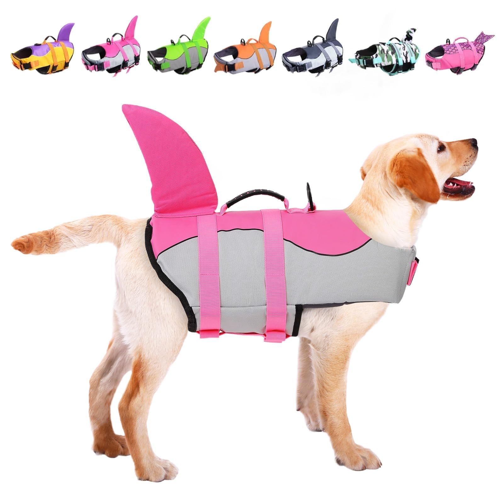 Asenku Dog Life Jacket Pet Life Safety Vest For Swimming Boating, Dog Shark Life Jackets Dog Lifesavers Swimsuits For Pool, Dog Water Floatation Vest For Small Medium Large Dogs, Shark Pink, Medium