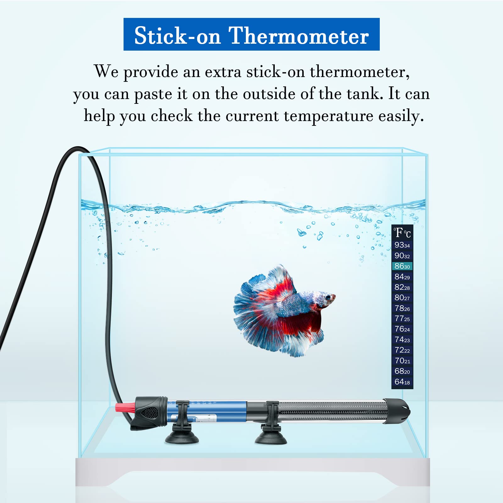 Hitop 50W/100W/300W Adjustable Aquarium Heater, Submersible Glass Water Heater For 5 - 70 Gallon Fish Tank (300W)