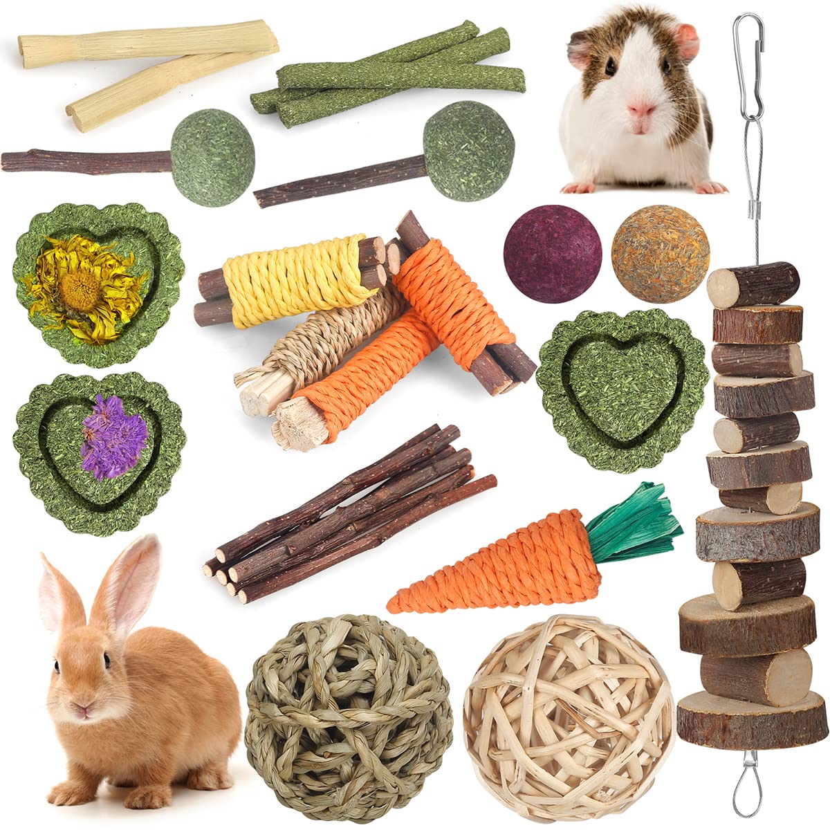 Yixund Rabbit Toys Bunny Toys 26Pcs Natural Timothy Hay Sticks Apple Wood Sticks Handmade For Guinea Pig Hamster Rat Chinchilla