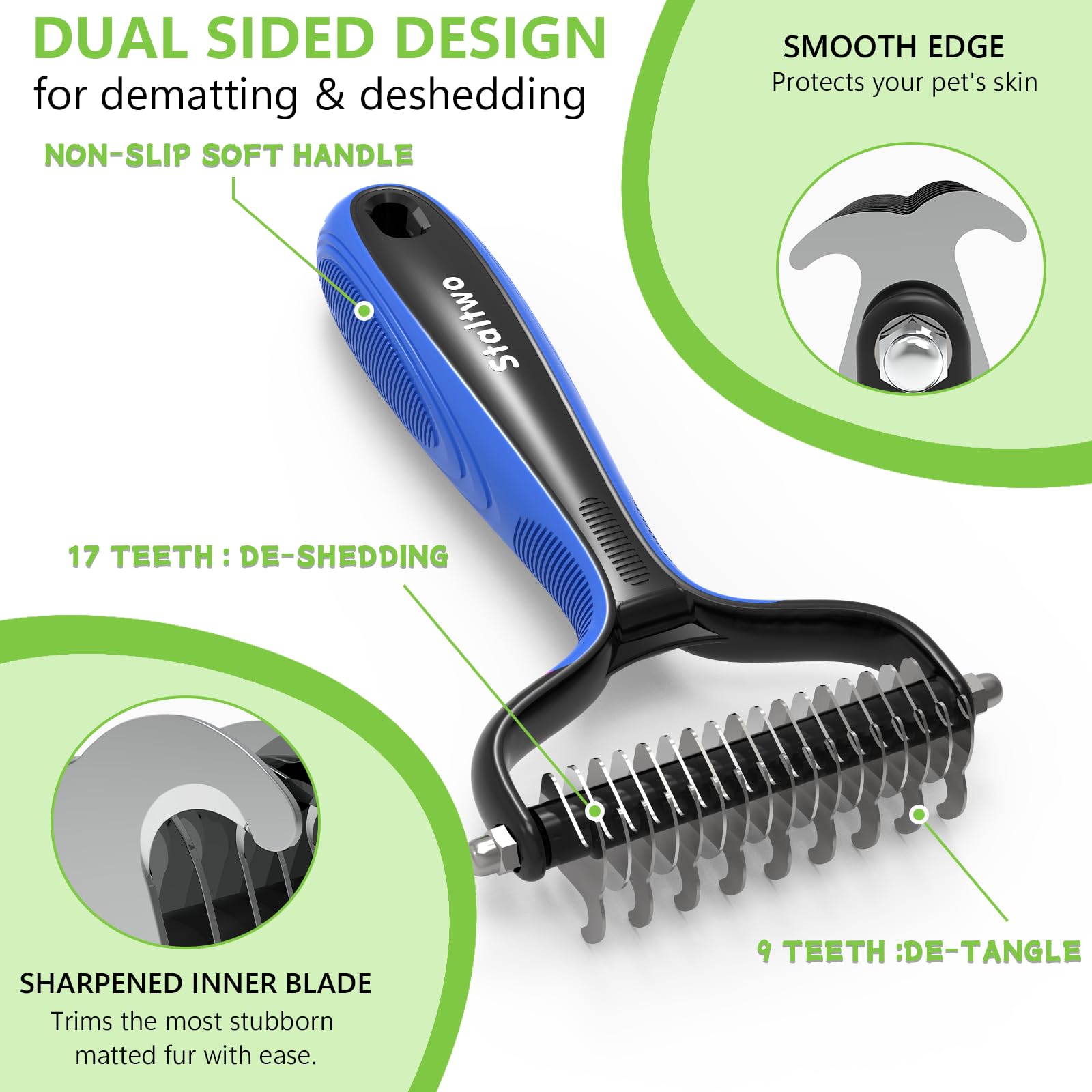 Staltwo Pet Grooming Supplies - 2-In-1 Professional Undercoat Rake And Pet Brush | Shedding Control For Long-Haired Dogs And Cat