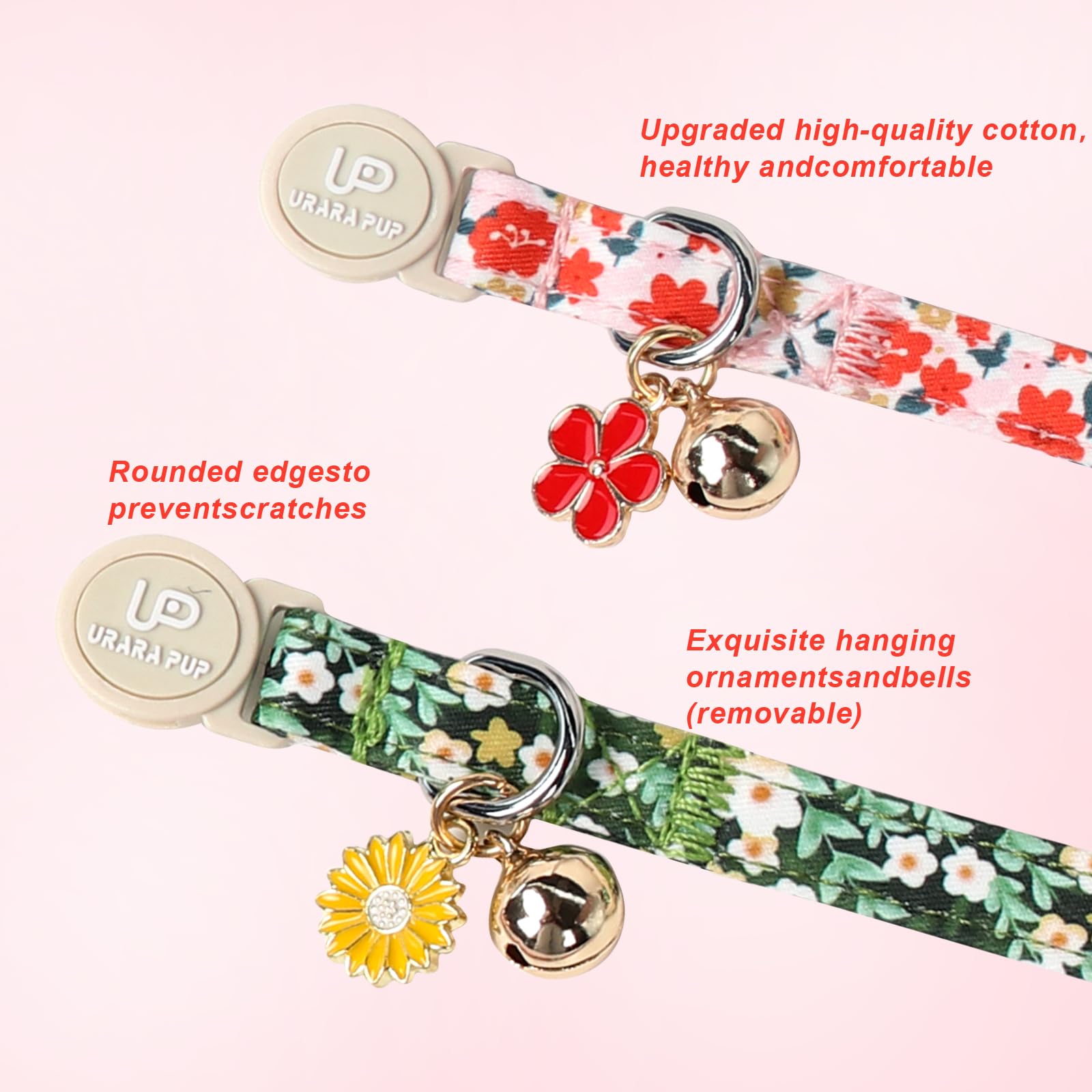 Up Urara Pup Cat Collar, 2Pack Flower Cats Collars-Cute Summer Breakaway Cat Collar With Bell & Pendant, Pretty Flower Kitten Co