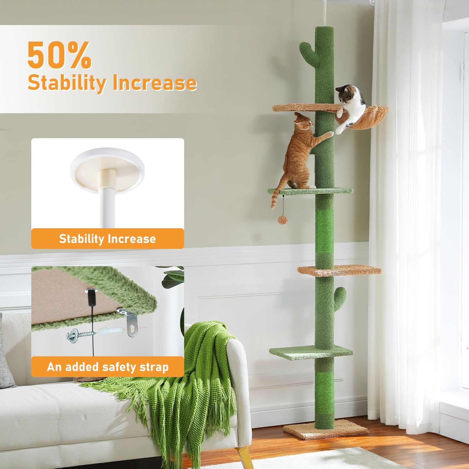 Pawz Road Cat Tree, Cactus Floor To Ceiling Cat Tower With Adjustable Height(95-108 Inches), 5 Level Cat Climbing Tower With Coz