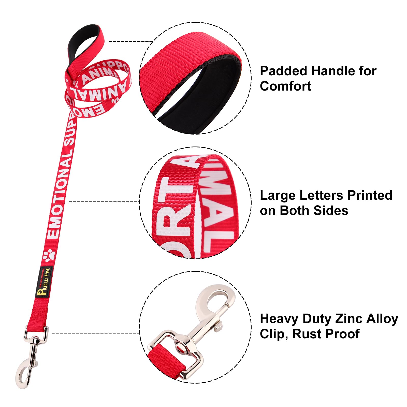 Plutus Pet Emotional Support Animal Leash with Soft Neoprene Padded Handle,Printed in Large Letters on Both Sides,4ft Long,Red,5